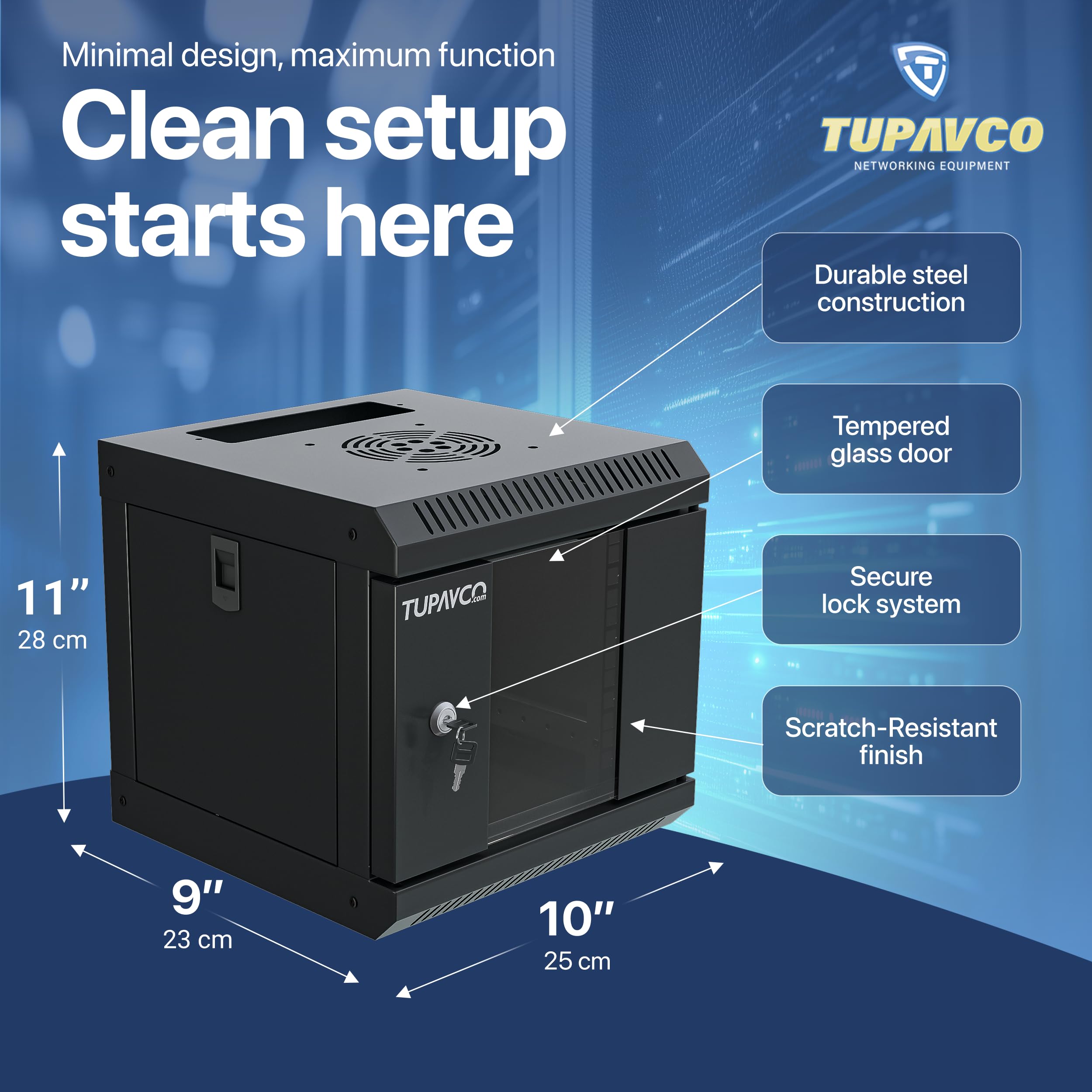TP434 - Mini gabinete de red de 25.4 cm con ventilación 4U con 22.9 cm de profundidad | Para carcasa de mini servidor/rack de red, con puerta de cristal y fácil montaje