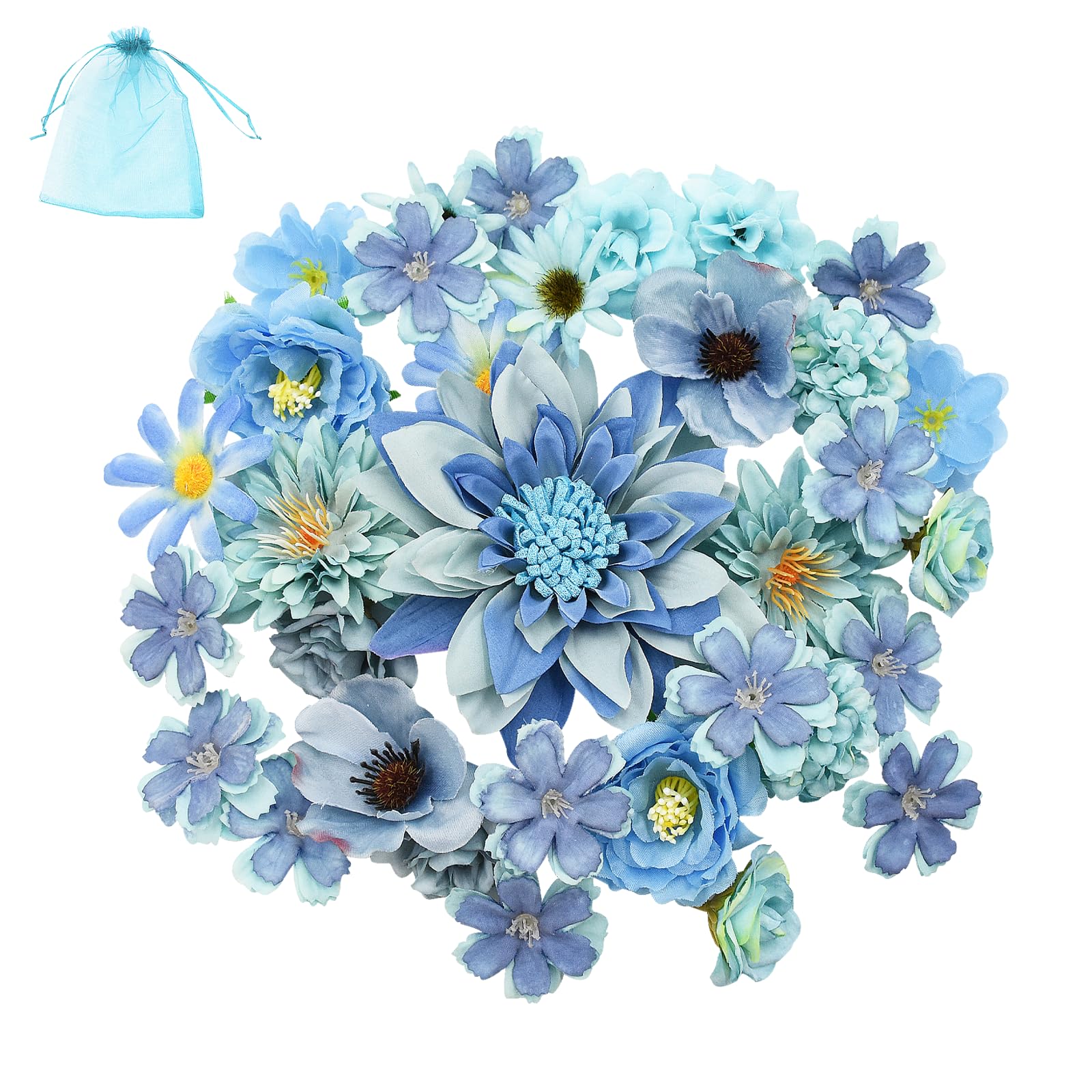 Auptiz 32 PCS Artificial Flower Heads for Decoration, Crafts Fake Flower Decoration, Silk Blue Flower Heads Bulk Mix for DIY Wedding Party Home Garden Decor (Blue)