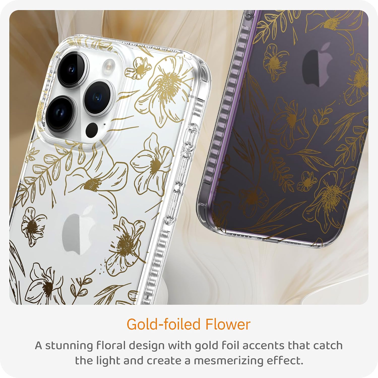 LONLI Hue Case for iPhone 14 Pro Max - [360° Shock-Absorbent Bumper] - [Cute and Unique Phone Cover for Girls and Women] - Gold Floral image 2