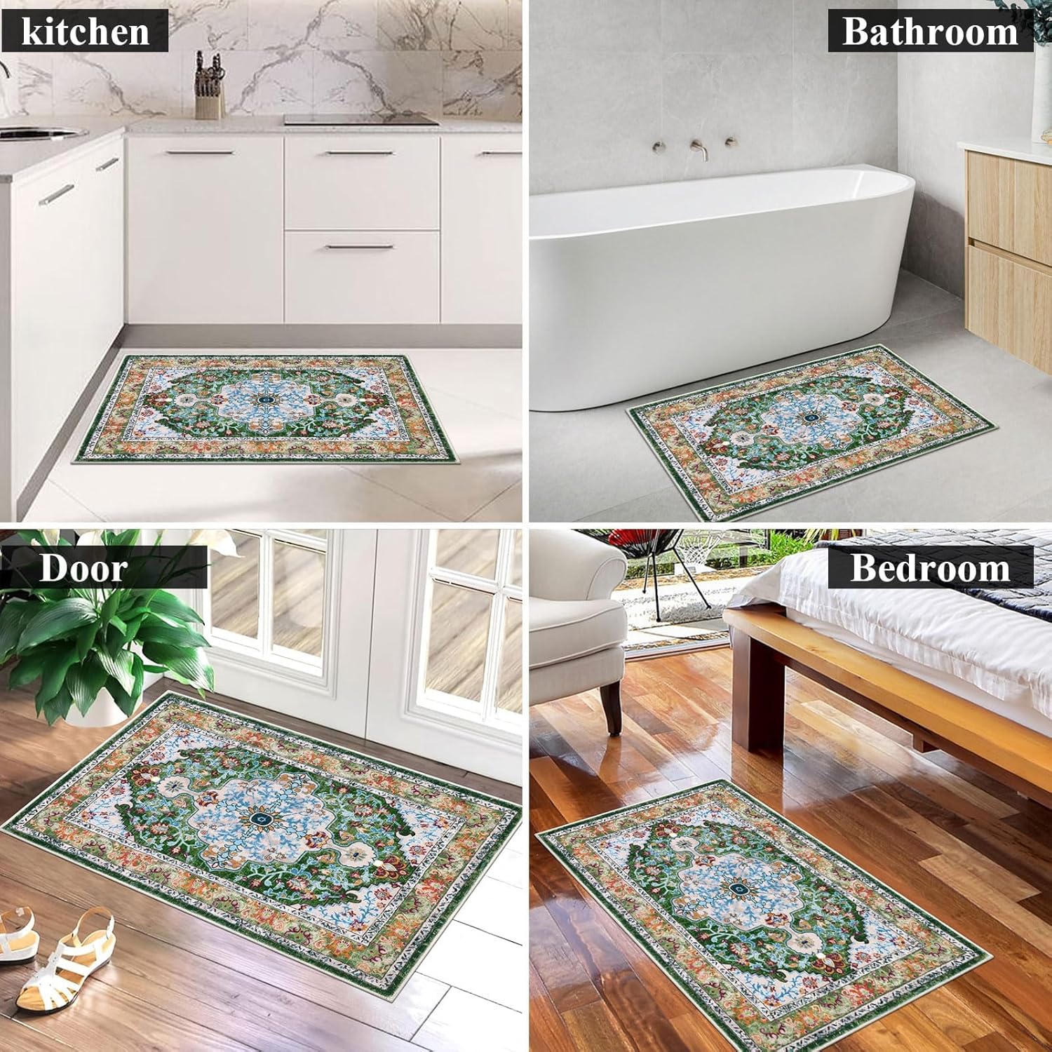 U'Artlines Washable Boho Area Rug, 2x3 Small Soft Non Slip Vintage Doormat for Indoor Front Door Green Mat Carpet for Entryway Kitchen Bathroom Bedroom - Image 5