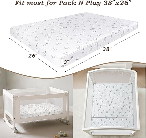 Miniatura 3 de Colchón triple Pack and Play, 38 x 26 pulgadas, colchón de espuma viscoelástica de doble cara Pack N Play para bebé pequeño, colchón plegable