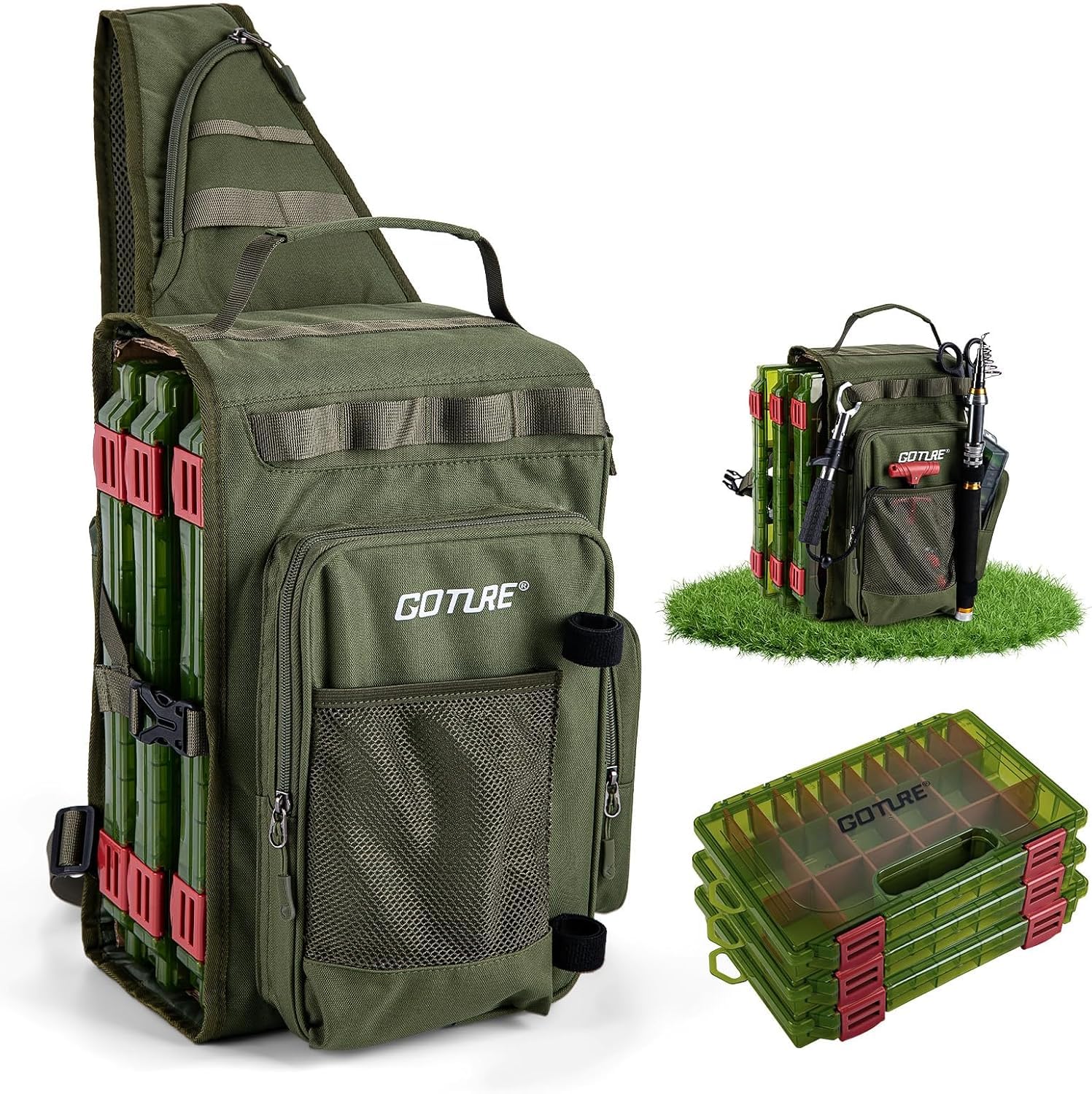 Goture Angeltasche mit 3 Köderbox Angeln, Angel Taschen mit einem Riemen, 900D Oxford, mehrere Taschen, Wasserdicht, Crossbody-Brusttasche für Wandern, Camping, Reisen