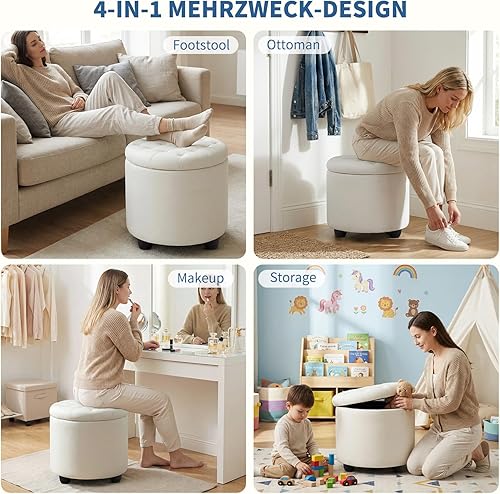 Miniatura 5 de Furniliving Otomana Redonda Tapizada con Botones Acolchados, Otomana Redonda de Almacenamiento de PU, Tapa Removible Reposapiés Convenientes,