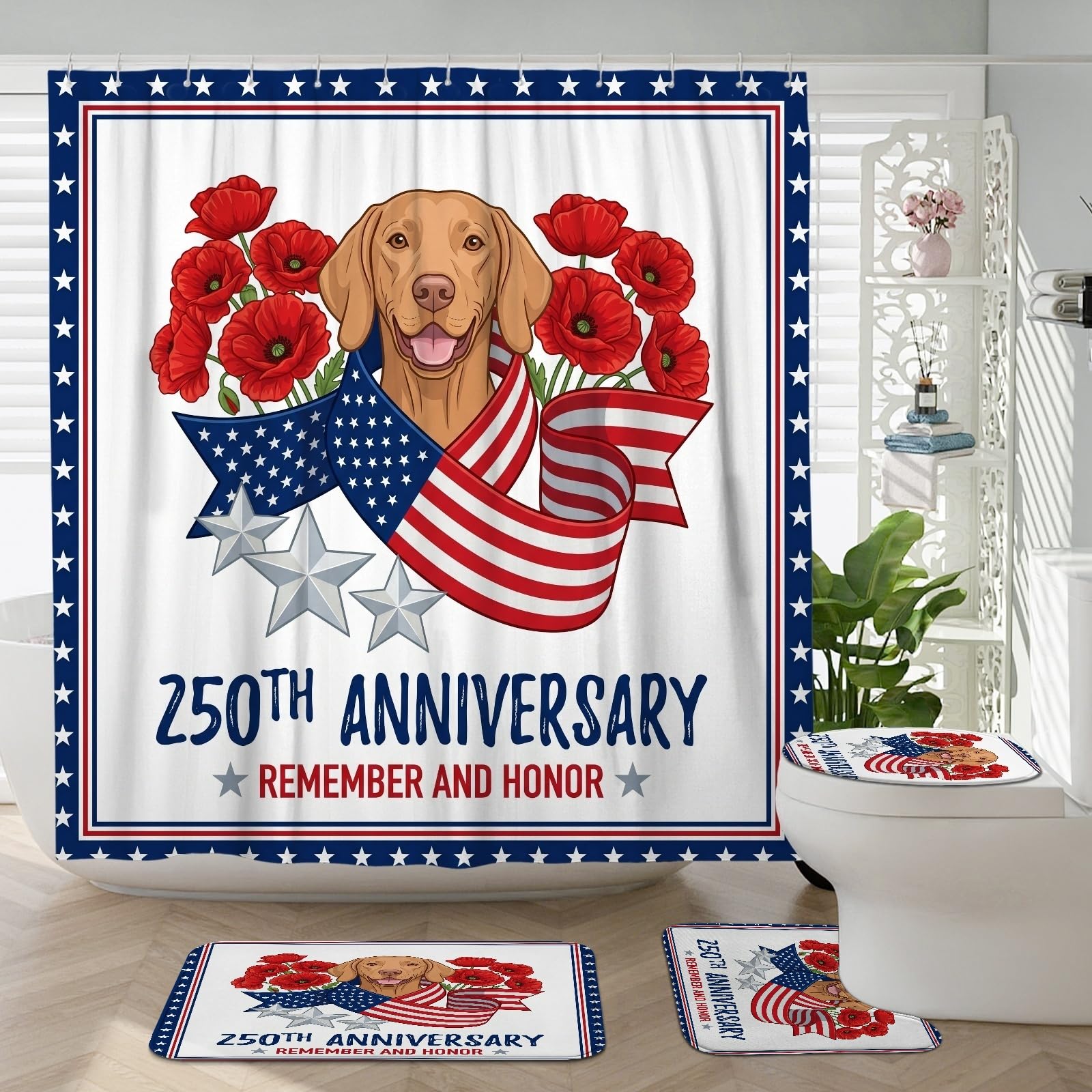 Rideaux de douche Vizsla et tapis de bain pour anniversaire de mariage