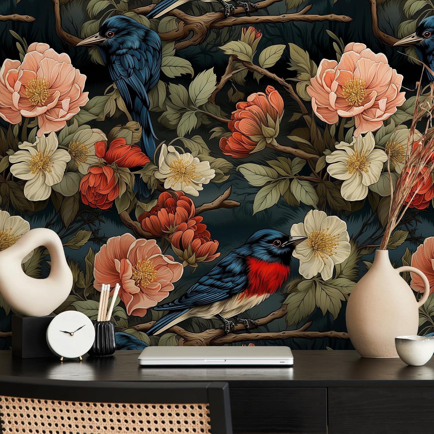 VEELIKE Oriental Bird Wallpaper Peel and Stick Vintage Dark Floral Wallpaper for Bedroom Bathroom 17.7''x354'' Self Adhesive Removable Flower Wall Paper Bird Contact Paper for Living Room Accent Wall