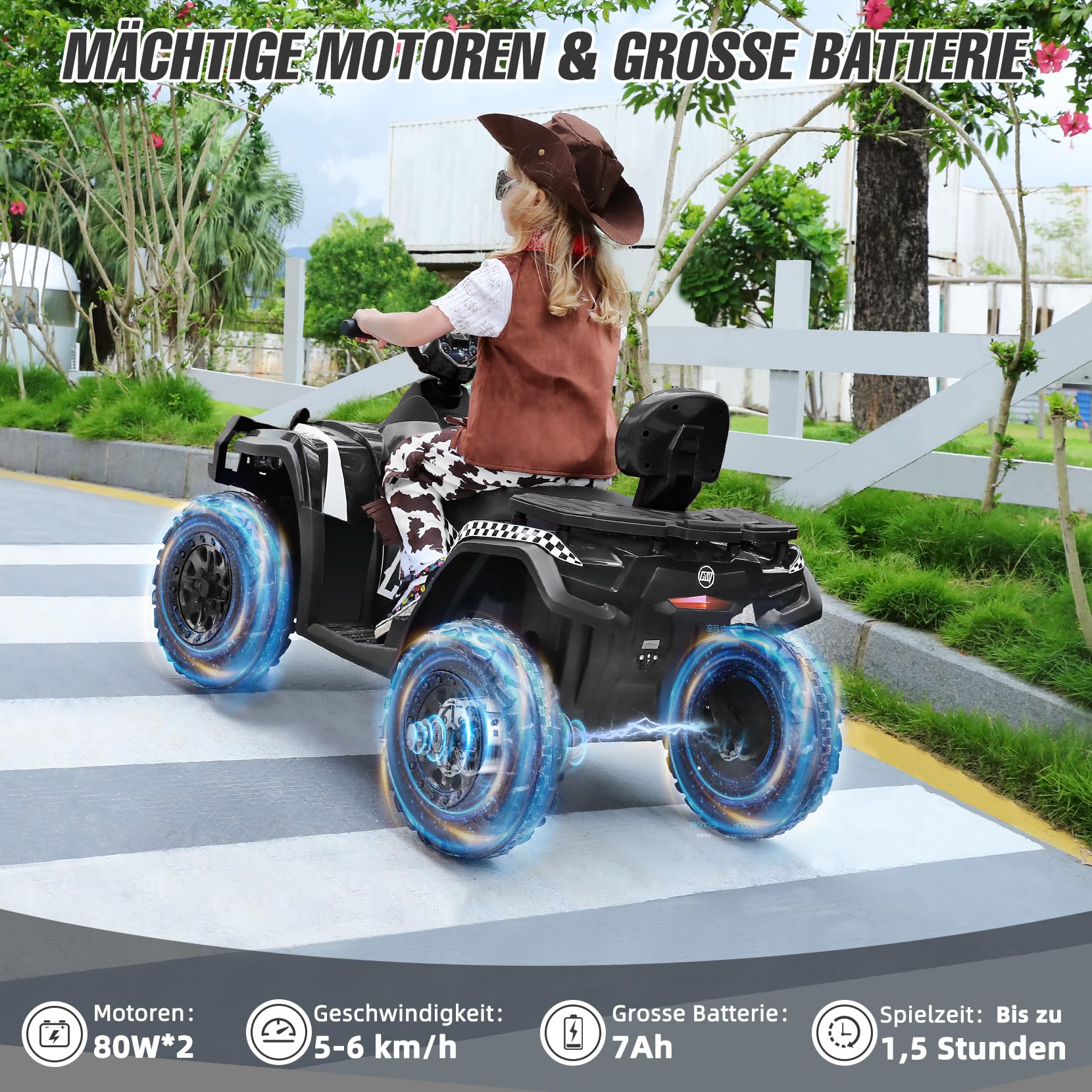 ELEMARA 2 Sitzer Kinder Quad für große Kinder,Elektro Auto Fuer Kinder ab 3 Jahre,6 km/h Höchstgeschwindigkeit,LED-Lichtern,Musik & Hupe,2 gefederten Rädern,Elektroauto für Jungen und Mädchen,Schwarz