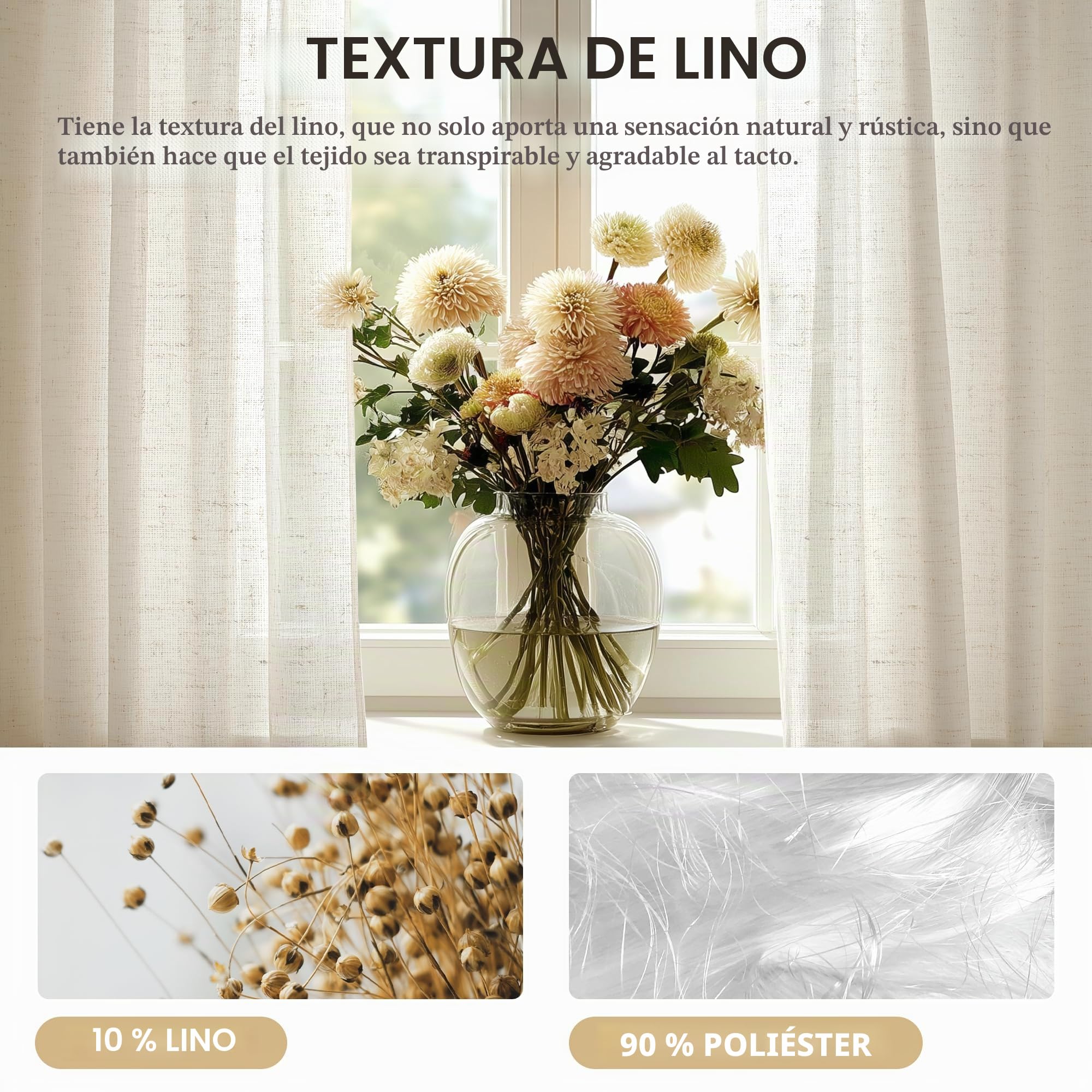 Deconovo Cortina de gasa con cinta fruncida, cortina decorativa semitransparente, aspecto de lino, cortinas ventiladas para salón, 290 x 140 cm (altura x anchura), lino, juego de 2 unidades