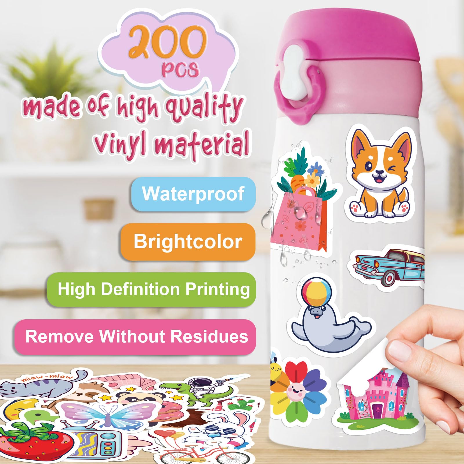ALODNY 200 adesivi per bottiglie d'acqua per bambini, adesivi in vinile impermeabili per bottiglie d'acqua, computer portatili, adesivi Kawaii per bambini in classe premio ragazzi ragazze adolescenti