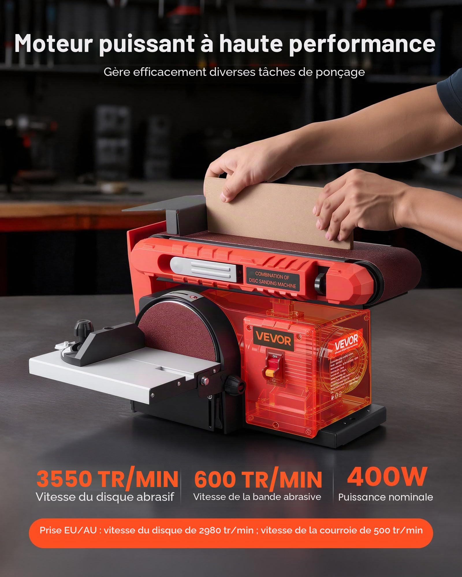 VEVOR Ponceuse à Bande et à Disque 400 W Bande Abrasive Réglable 101,6 x 914,4 mm Disque de Ponçage 152,4 mm Table de Travail Réglable 0-45° avec Port de Poussières pour Travail du Bois et Bricolage
