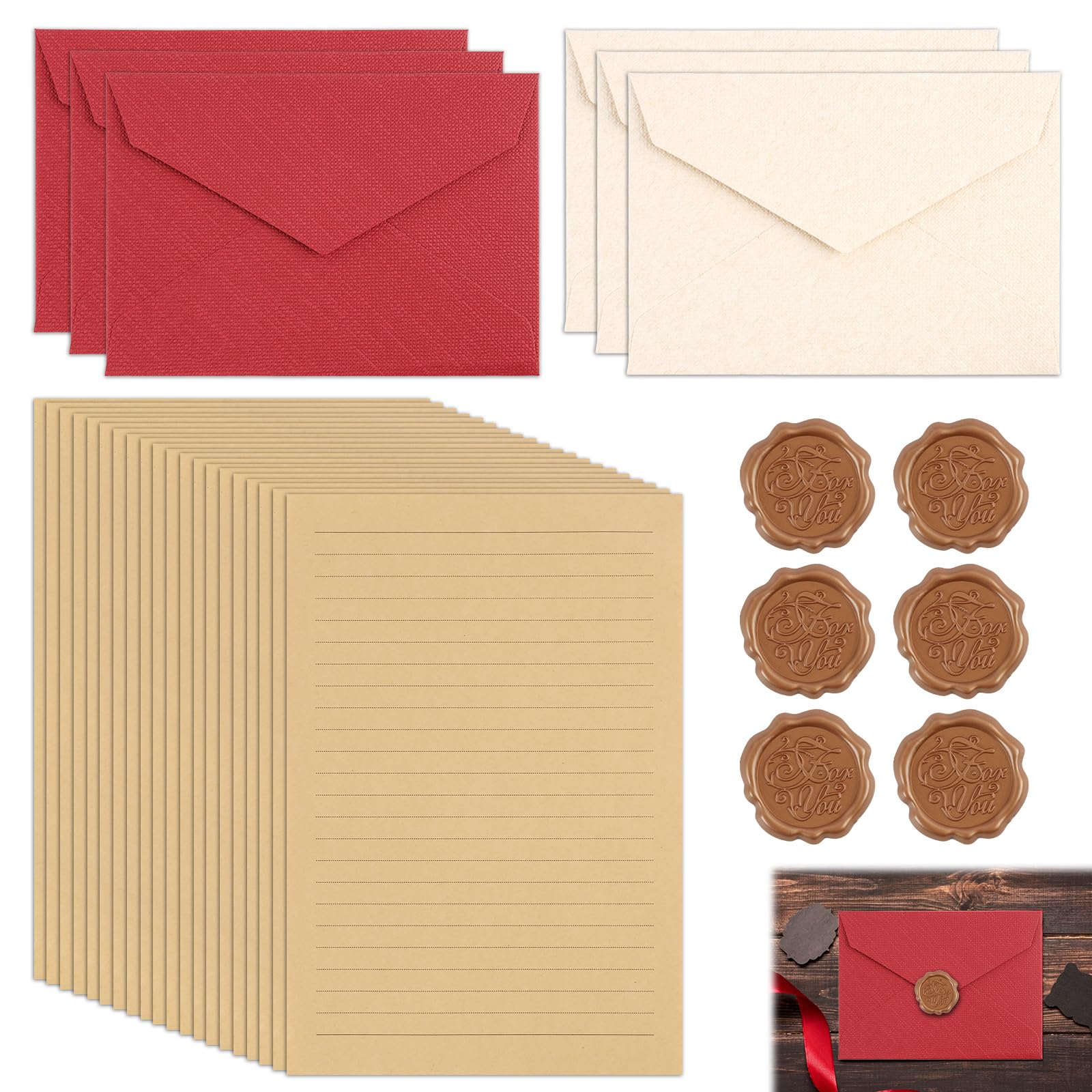 Ensemble Papier à Lettres Vintage 60 Pièces A5 + 20 Enveloppes Rouge-Brun