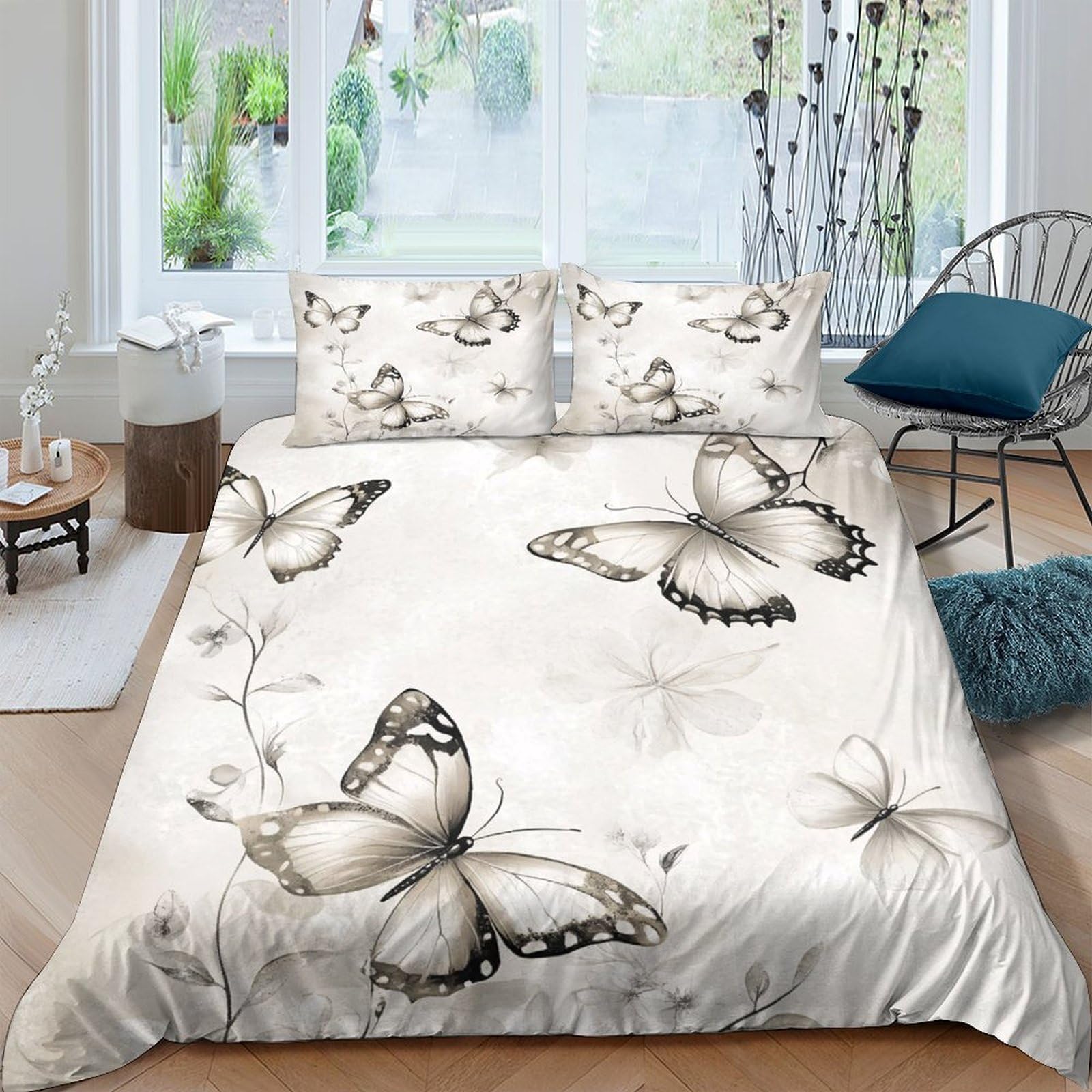 GPLZQXKJNH 3D Printed Butterfly Floral Duvet Cover Microfiber Soft Breathable Nature Bedding Set with 2 Pillowcases for Bedroom Decor Single（135x200cm）