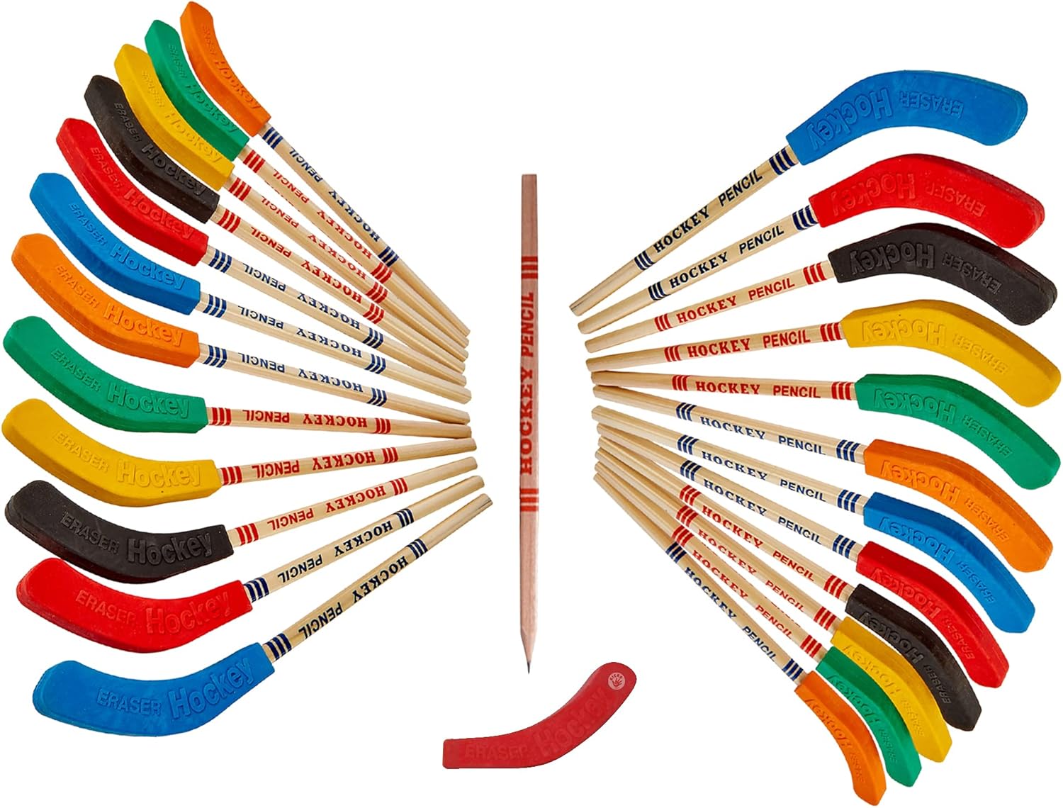 Kicko Hockey Pencils - 9 Inch - 24 Pack - Bulk Multicolor Hockey Stick Pencils with Rubber Blade Eraser - Educational Party Favors with Sports Theme, Team Birthday Parties and School Prizes : Toys & Games