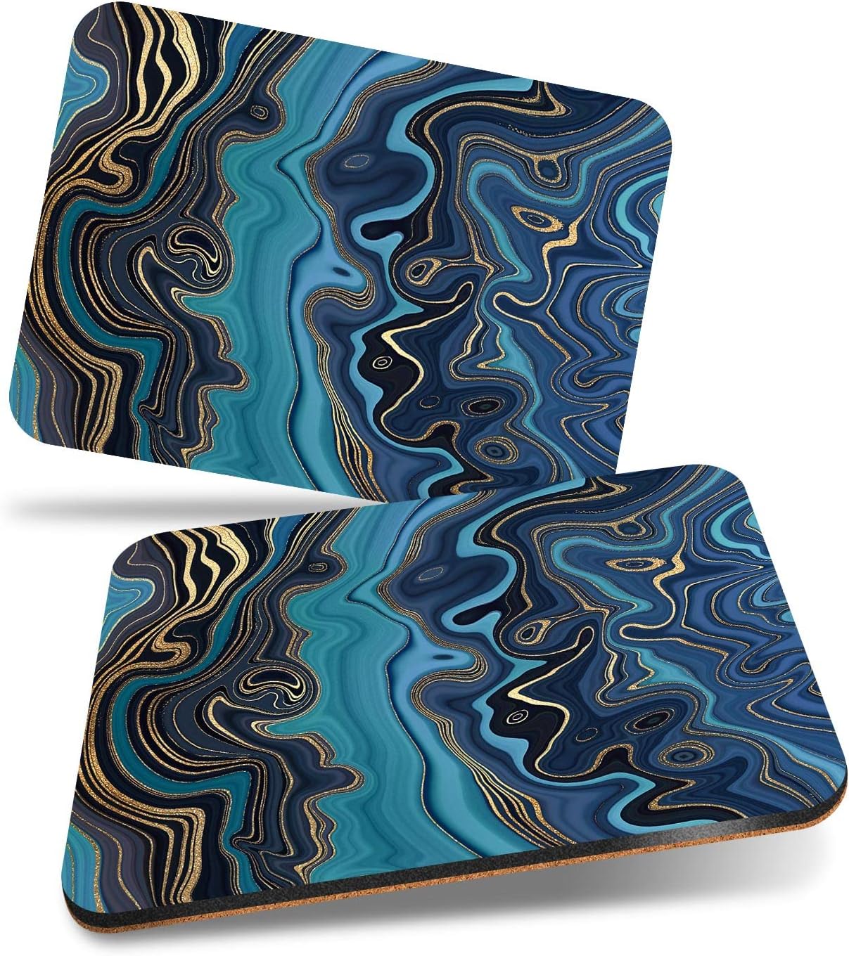 Set of 2 x MDF Cork Placemat 29x21.5 cm Blue Marble Ink Art Gold Art