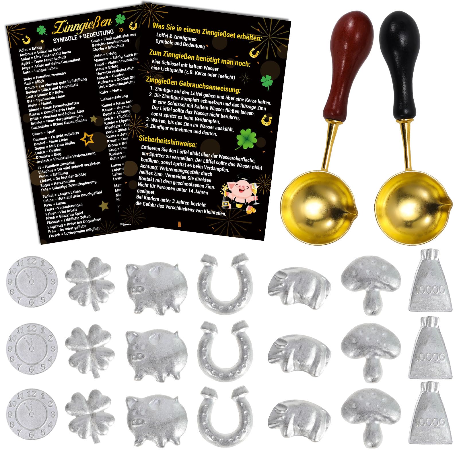 Kit Moulage étain 6 Pièces Moulage Étain + Cuillère - Tradition Nouvel An, Livret Oracle, Jeu Divinatoire Oracle Prédiction Année 2024