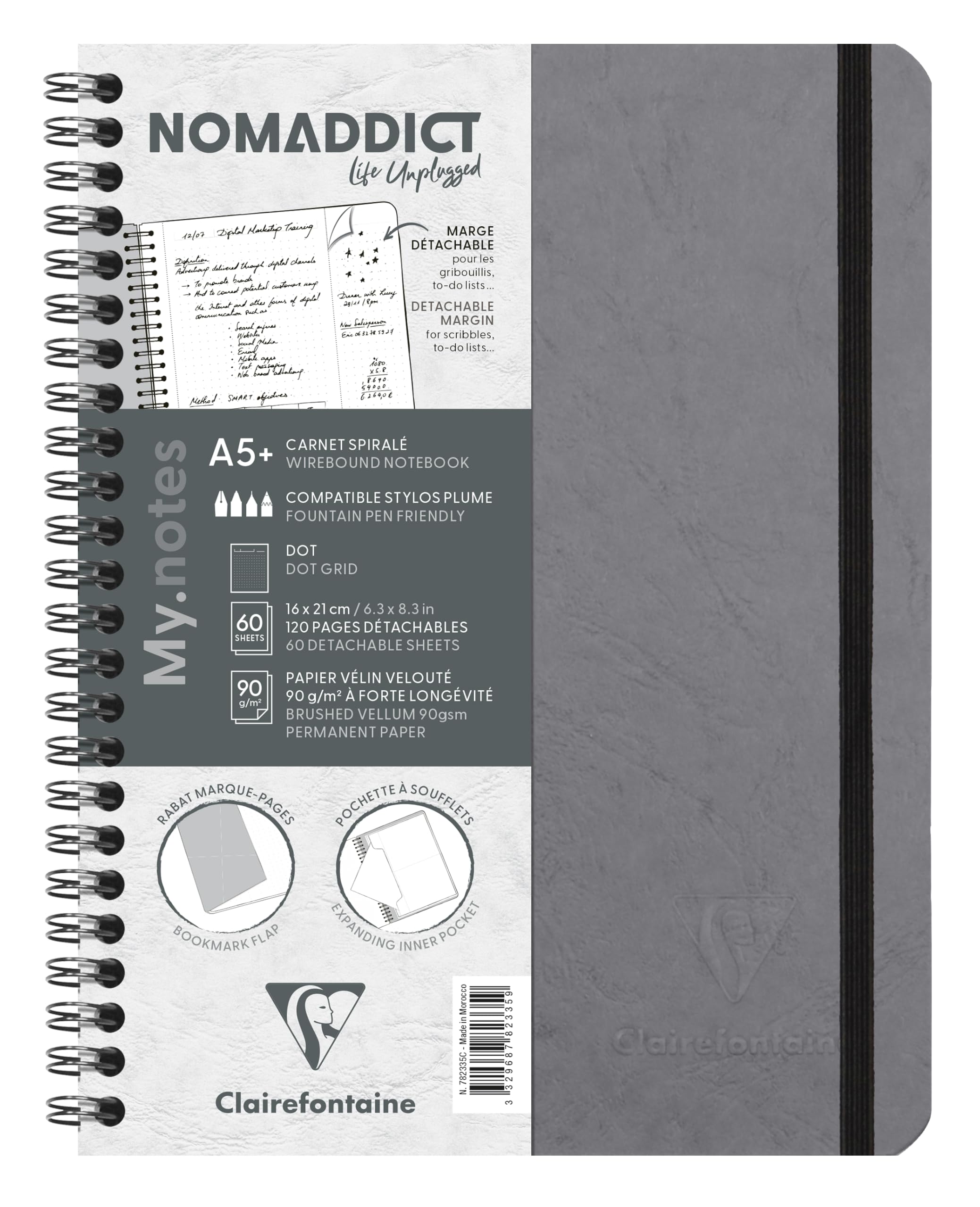 Clairefontaine Age Bag My Notes Wirebound Notebook with Detachable Margin Dotgrid A5+ - Grey