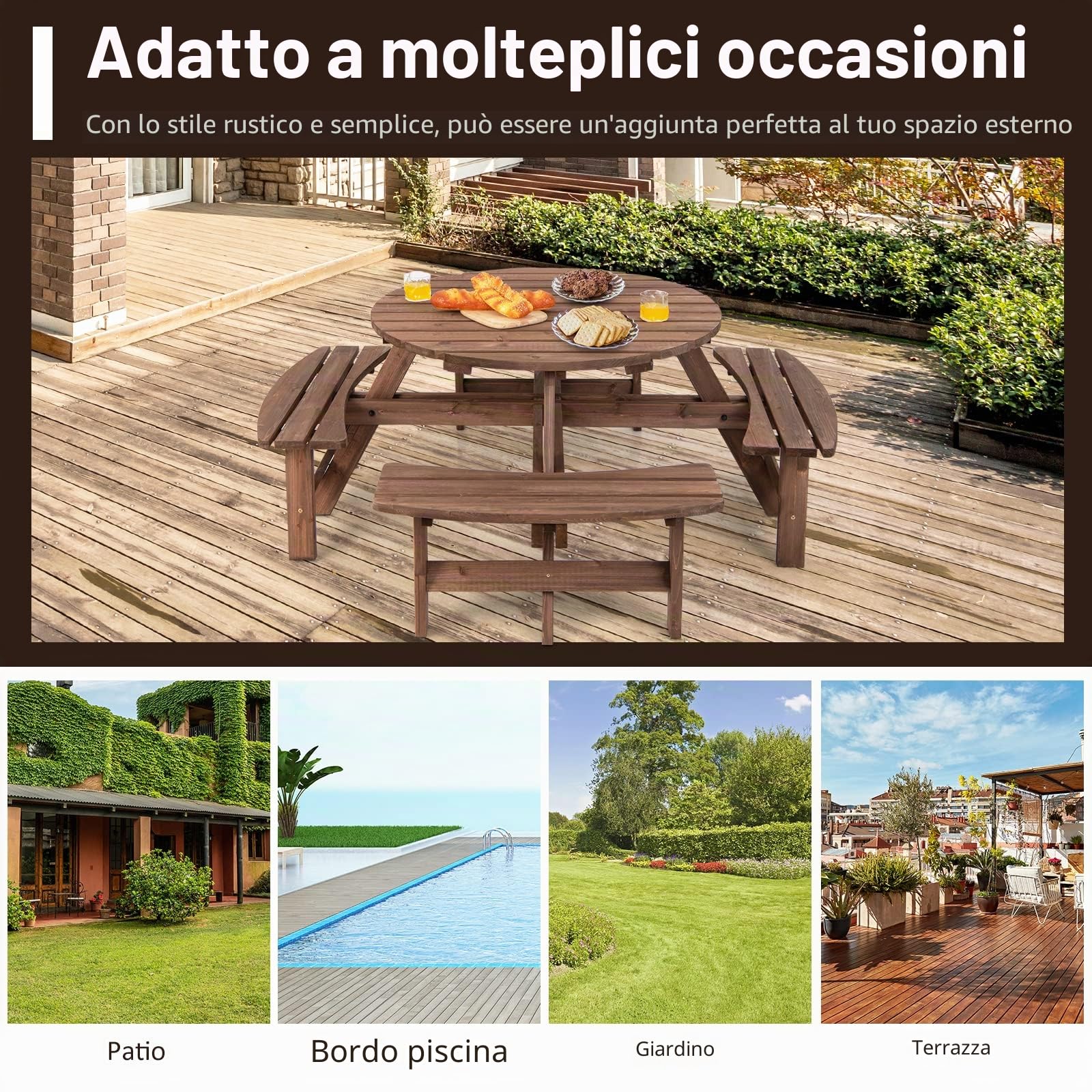 GIANTEX Set di Tavolo e Panche Da Esterno Rontondo in Legno, Set di Mobili da Giardino per 8 Persone con Foro per Ombrellone, Resistente alle Intemperie, 178x178x70 cm