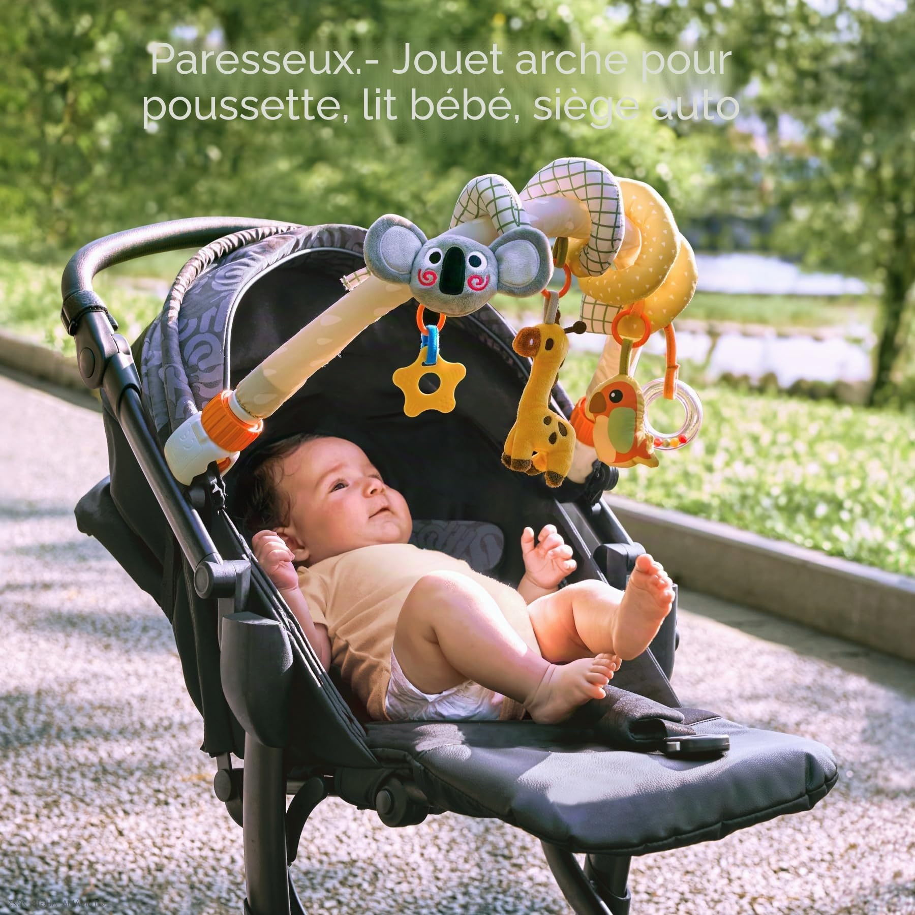 TUMAM 2-in-1 Spirale D'activité Bébé avec Arche Eveil Jouet Poussette pour Bebe 0 3 6 9 Mois, Jeux Eveil Suspendu avec Hochet Et Anneaux De Dentition pour Auto, Stroller Arch, Berceau, Peluche Cadeau