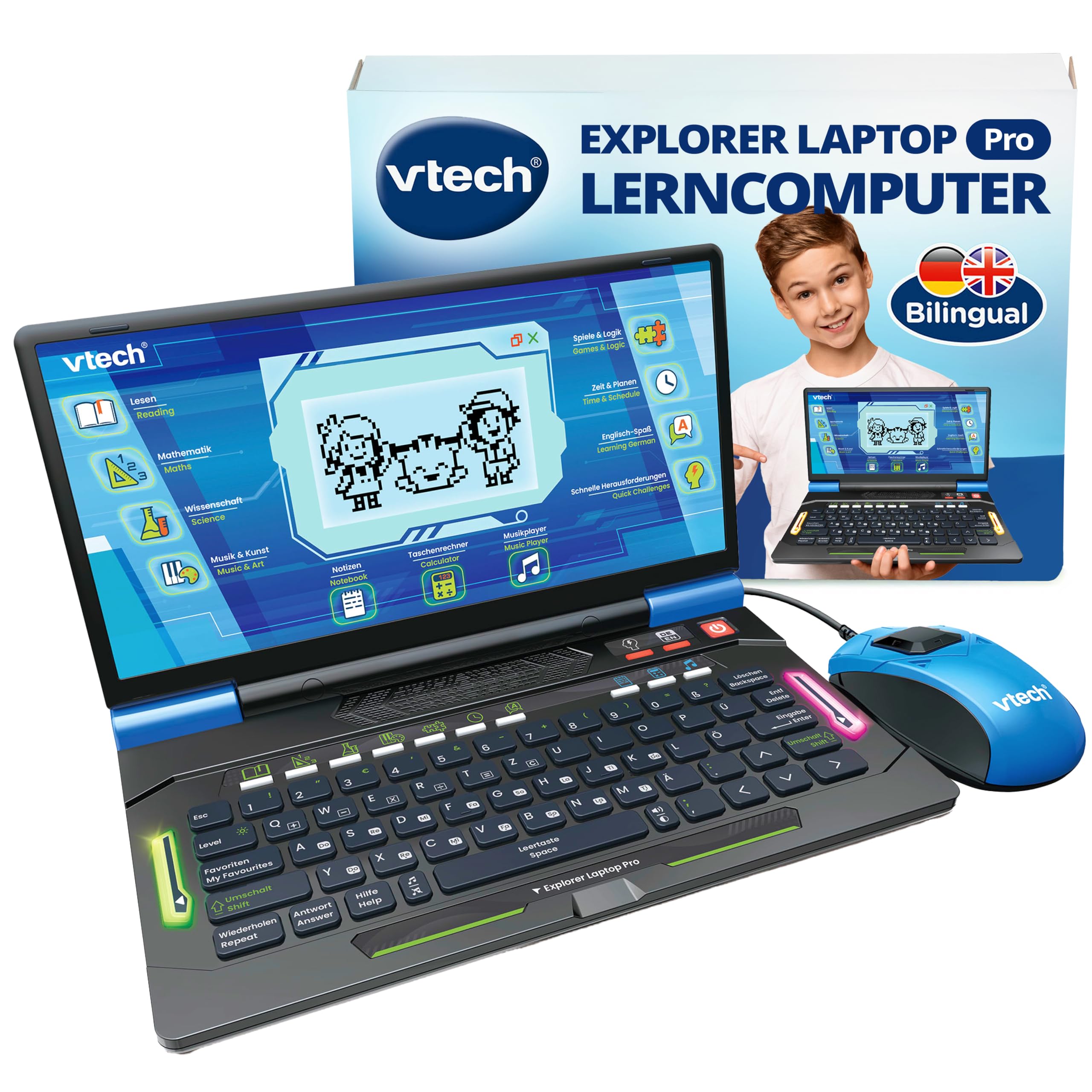 VTech Explorer Laptop Pro – Bilingualer Lerncomputer mit lehrreichen Spielen aus 8 Kategorien wie Lesen, Mathematik oder Englisch – Mit QWERTZ-Tastatur und Maus – Für Kinder von 6-8 Jahren