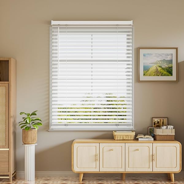 Estores sin cordón de 2 pulgadas para ventanas interiores, 35" ancho x 64" alto | Estores horizontales con filtro de luz, vinilo para hogar, dormitorio, sala, cocina, oficina, blanco