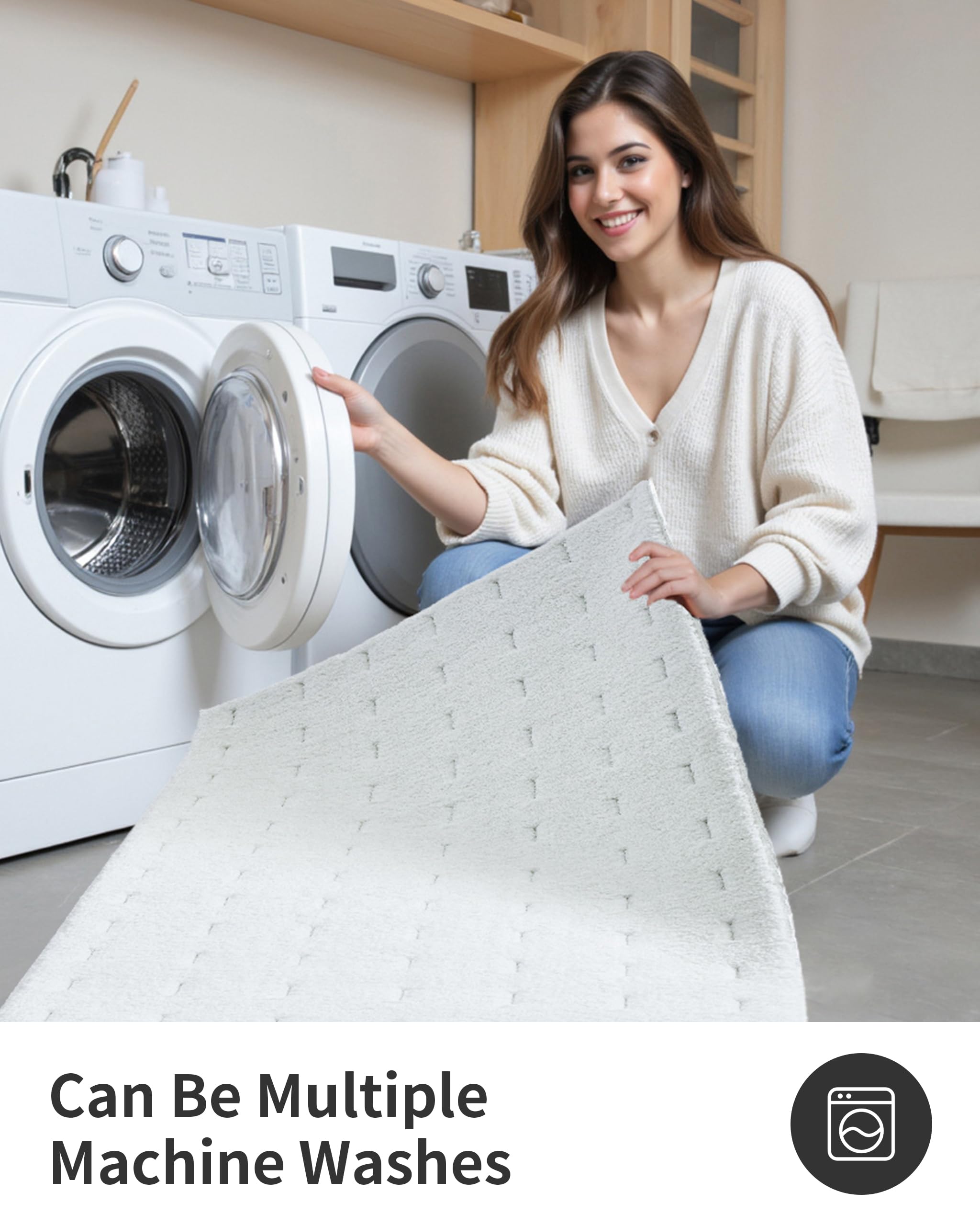 ILANGO Set di 3 tappeti da bagno bianchi, morbidi tappeti da bagno a pelo lungo e tappetini da bagno a forma di U, antiscivolo, lavabili, assorbenti, accessori da bagno per pavimento, vasca e doccia,