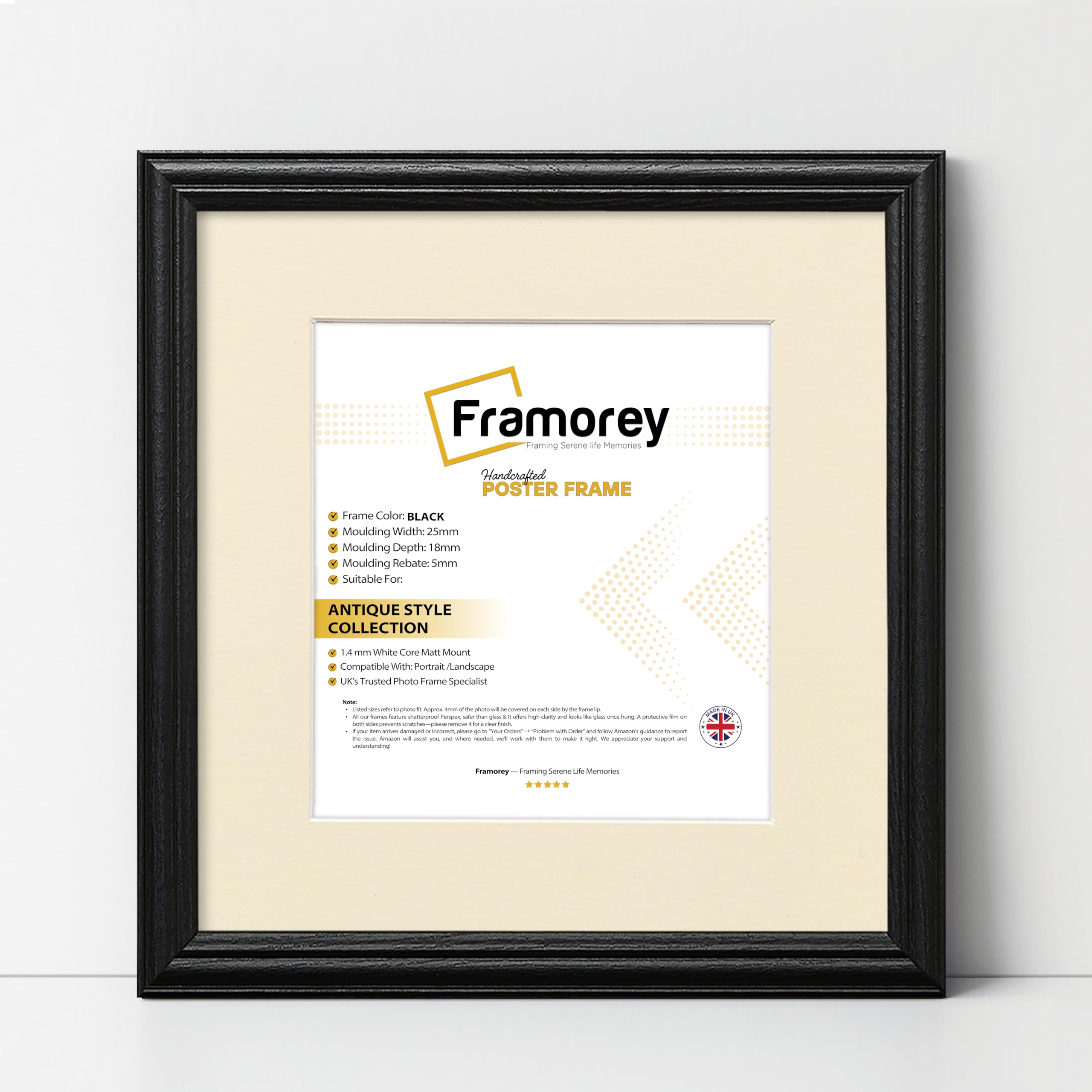 FRAMOREY Square Photo Frame, 55x55CM Black With 45x45CM Ivory Mount, LW Antique Style Home Wall Decor, Hanging Art Poster Frame, MDF Wood