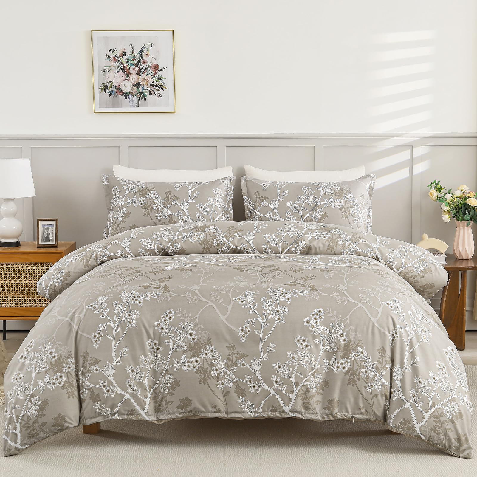 DJY Khaki Double Duvet Cover Floral Bedding Set