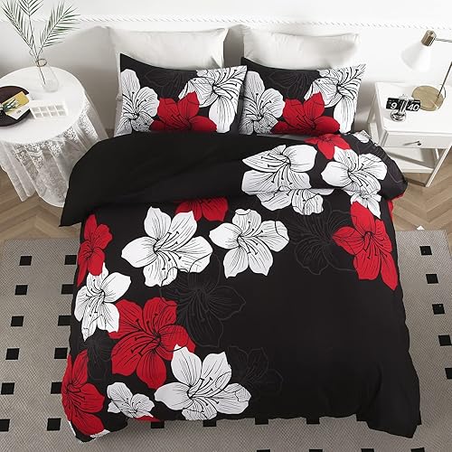 Miniatura 8 de Juego de funda de edredón de 3 piezas, tamaño Queen, diseño floral rojo, elegante funda de edredón floral bohemio con 2 fundas de almohada, juego de