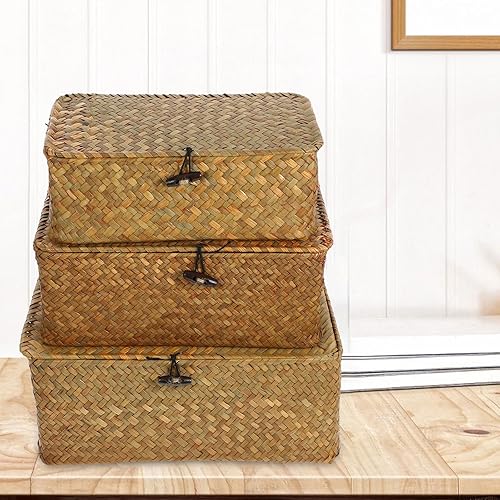 Miniatura 9 de Cesta de almacenamiento de ratán organizador de maquillaje contenedor multiusos con tapa (SML)