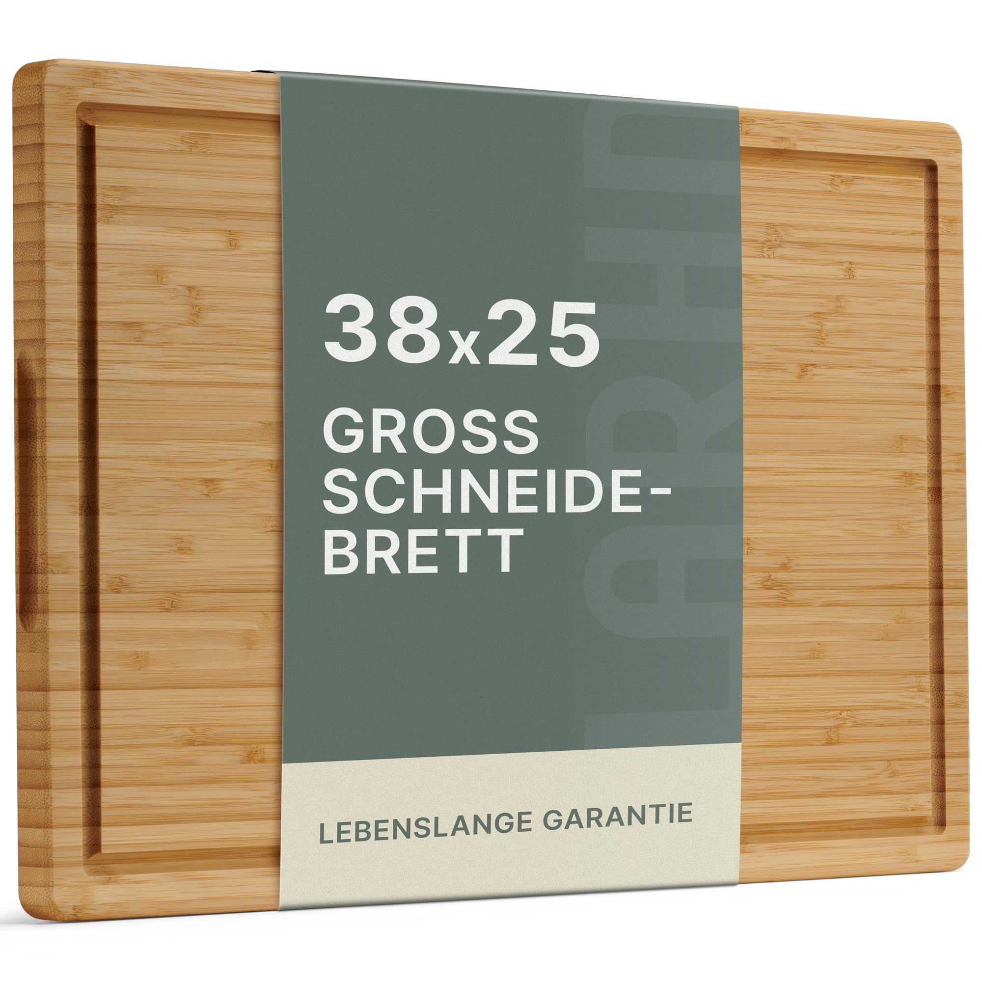 LARHN Schneidebrett aus Bambus, 38.5 x 25 x 2 cm, Massives Bambusbrett & Serviertablett mit Saftrille und integriertem Griff für Hobbyköche, vorgeölt