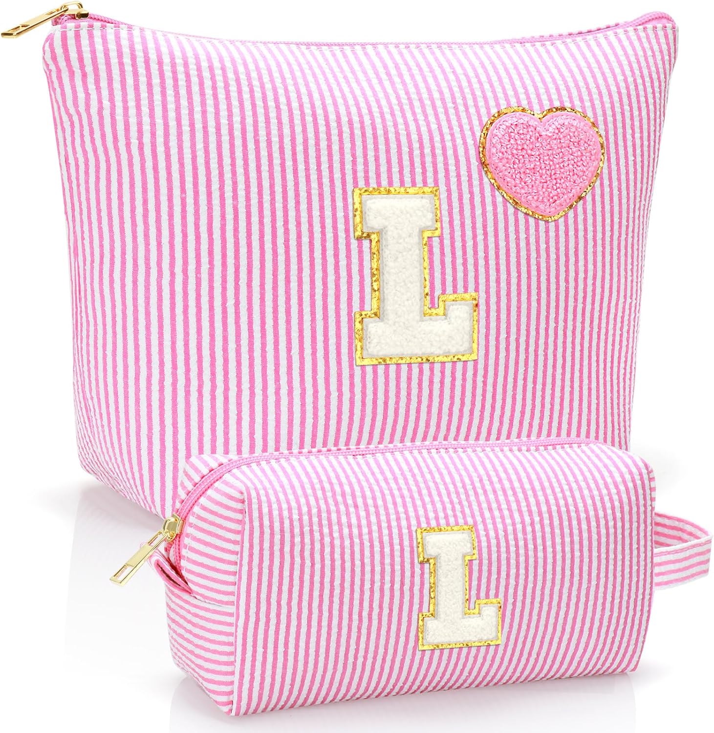 Initial Makeup Bag Personalized Preppy Cosmetic Bag Trendy Toiletry Travel Bag For Teen Girls Kids Women Letter Makeup Pouch Purse Holiday Gifts Birthday Christmas Gifts 2pack (L, Pink)