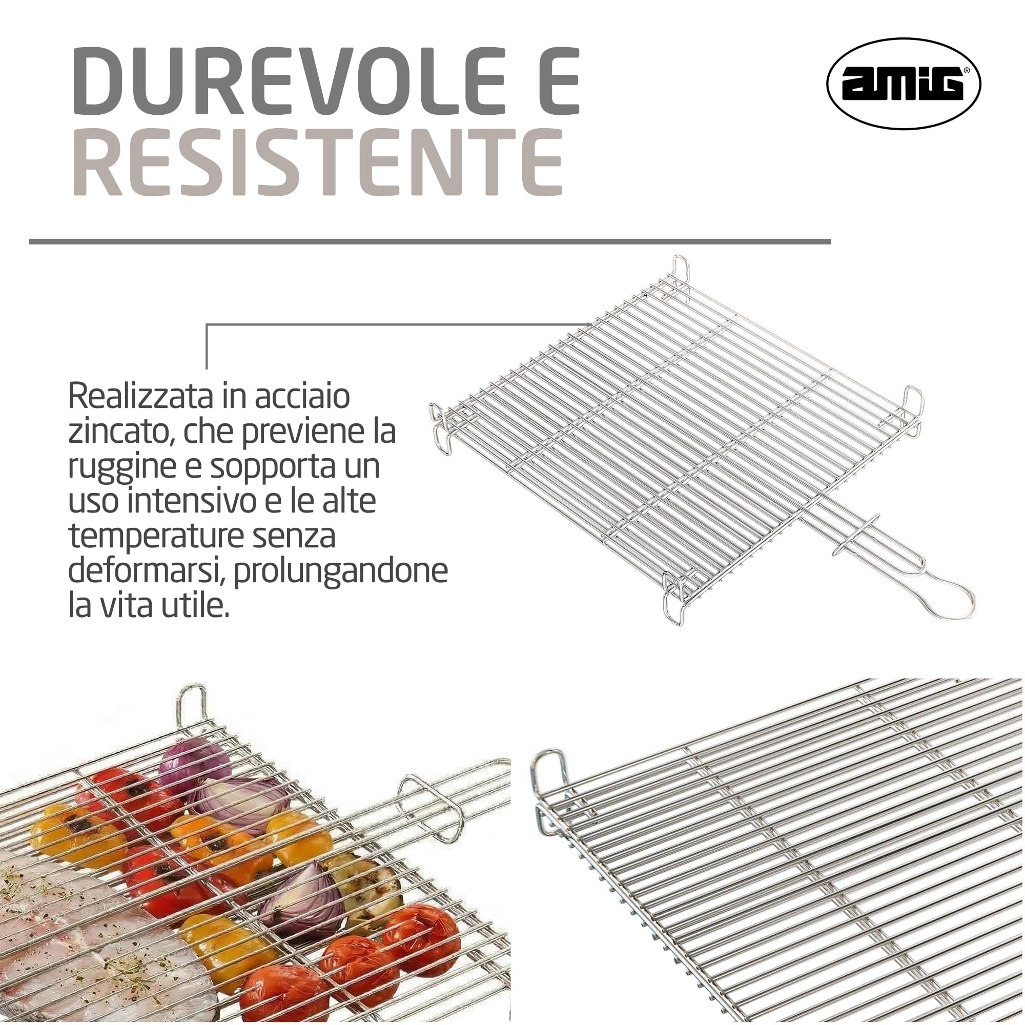 Amig - Griglia per Barbecue - 50 x 50 cm - Realizzata in Acciaio Resistente alla Corrosione - Girata Uniforme Ideale per Arrostire Carni e Verdure - MOD. AM25