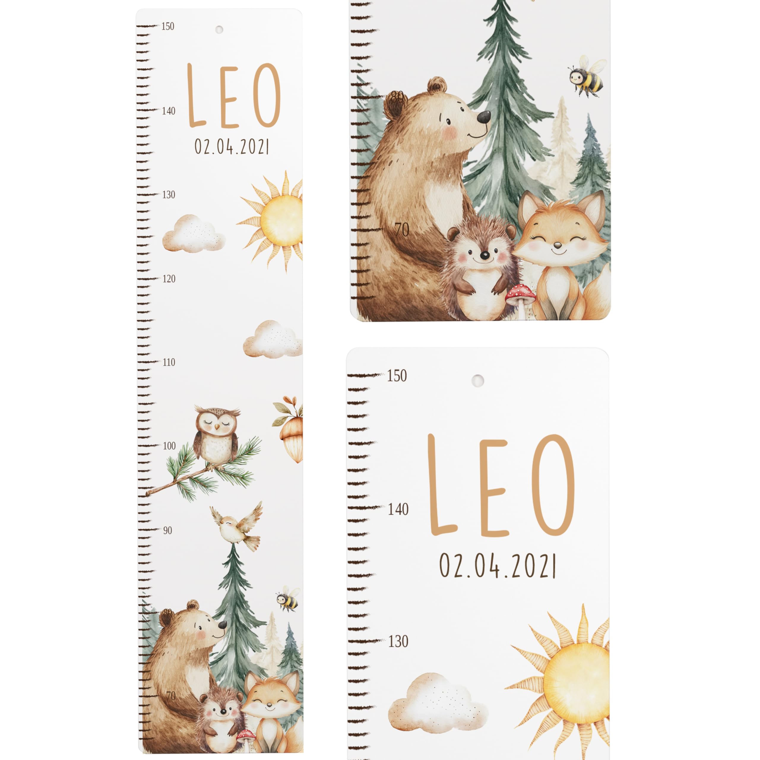 Kidsmood - Personalisierte Messlatte Kinder Aluverbund – Hochwertige Messleiste & Wand-Deko für Kinderzimmer mit liebevollem Fröhliche Waldtiere – Tolles Geschenk zur Geburt- (65-140cm)