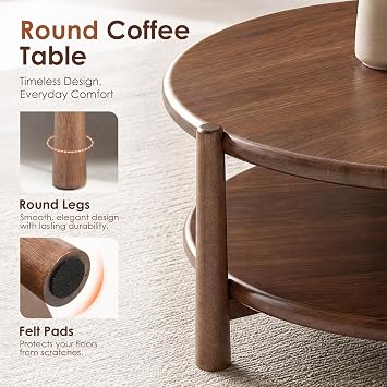 Round Coffee Table with Open Storage Shelf, Walnut Brown