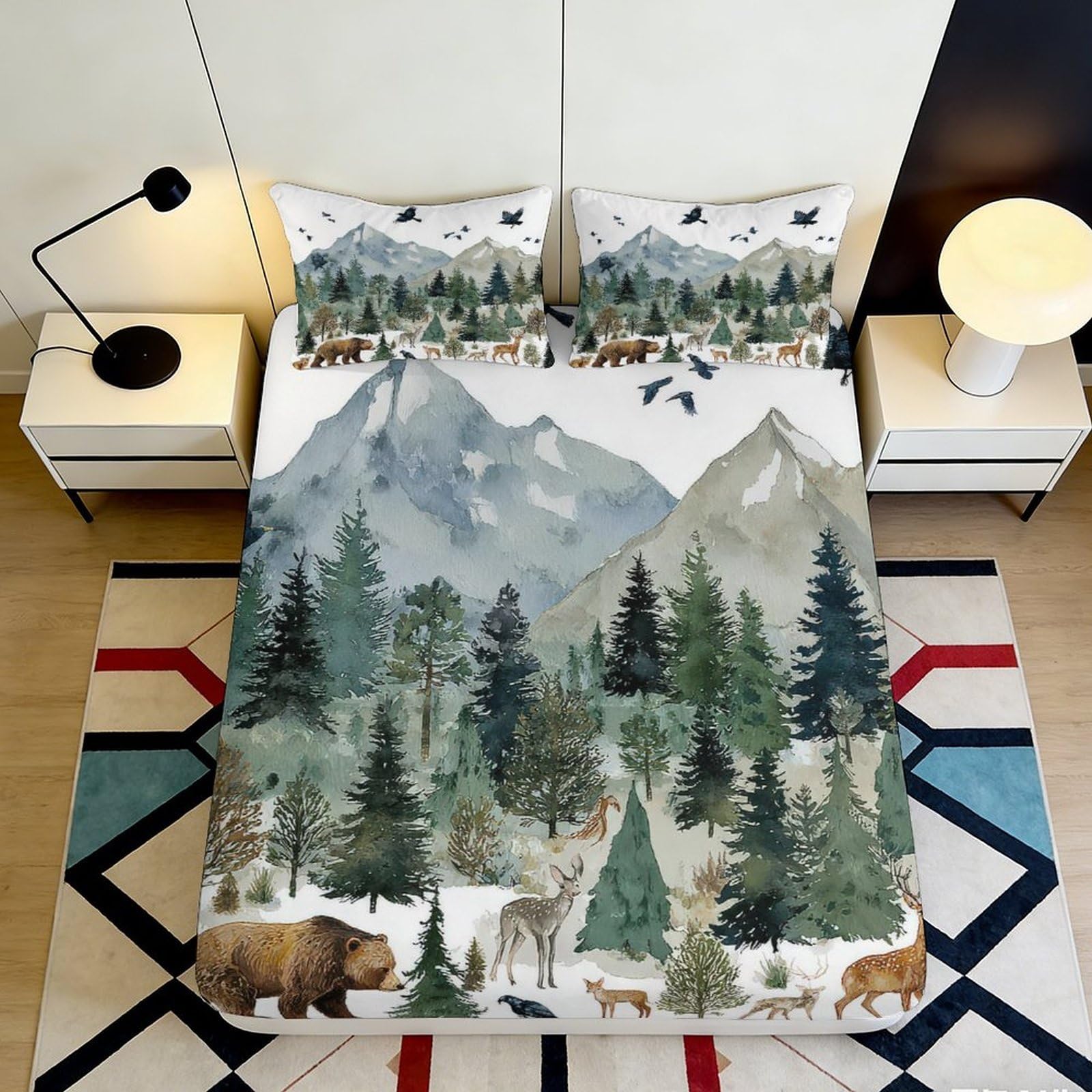 Pnayamiorkfel Style-5 3D Printed Mountain Forest Fitted Sheet Microfiber Anti-Slip Deer Bear Bed Cover For Bedroom Guest Room Decor 90X200x25cm