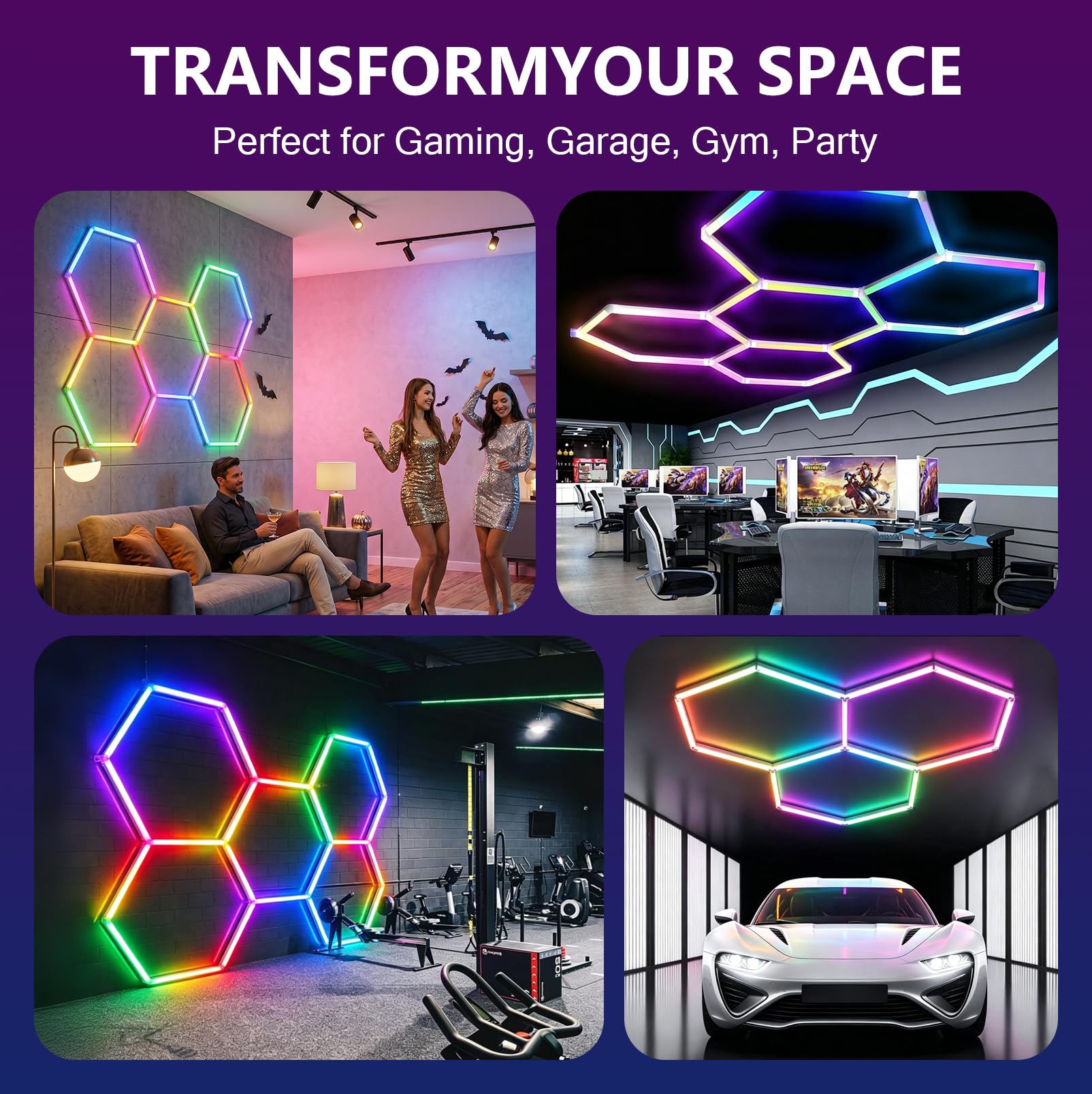 Garagenlampe LED 6-Hex 93W RGB Verformbare LED Werkstatt Deckenleuchte | RGB LEDs Hexagon Beleuchtung, Dimmbar, App und Fernbedienung für Garage, Bar, Gaming, E-Sport-Raum, Fitnessstudio (6 HEX)
