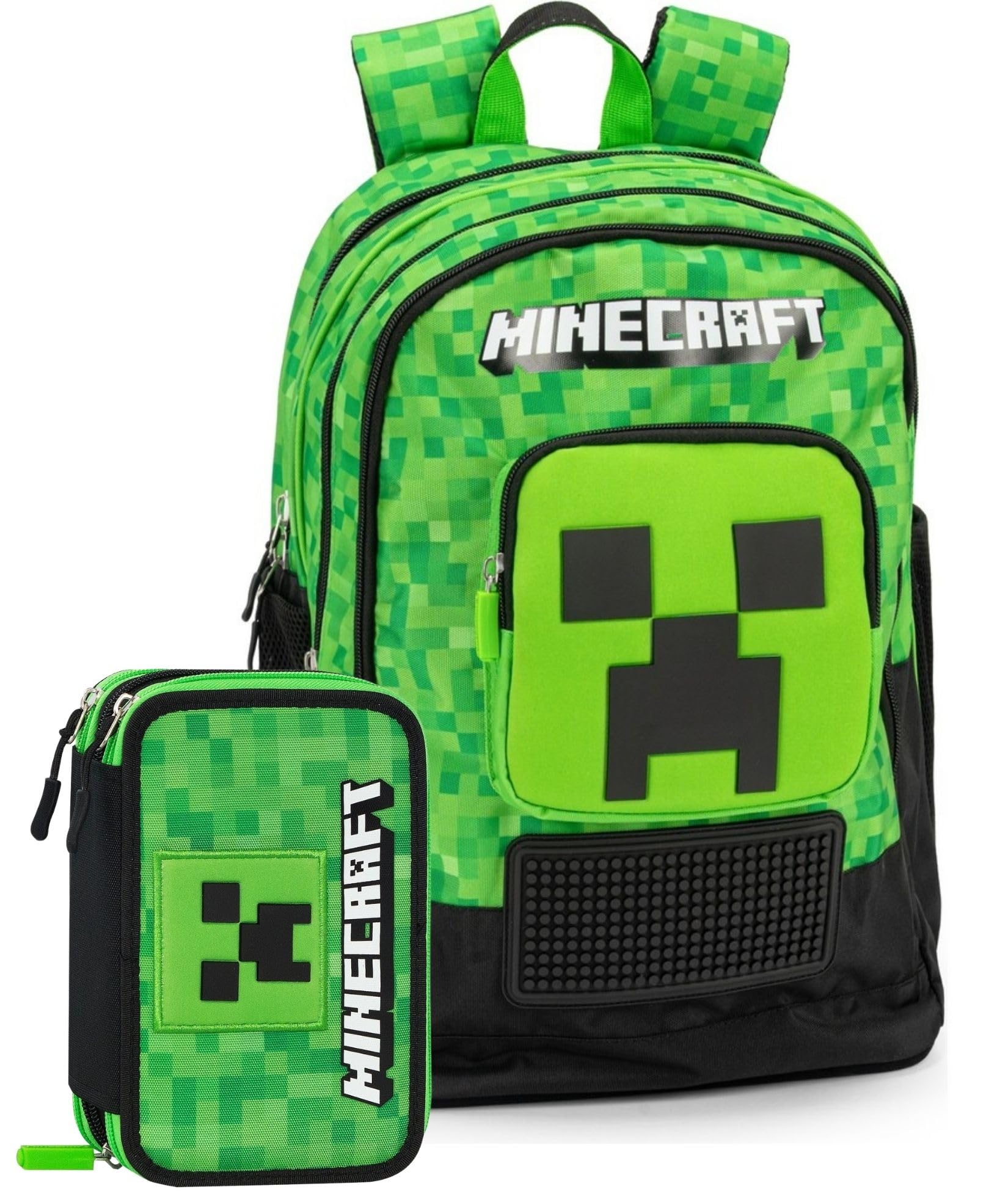 Set Scuola 2 Pezzi Per Minecraft Fan Zaino Scuola Elementare Bambino + Astuccio 3 Scomparti Completo (45 Accessori) - School Pack