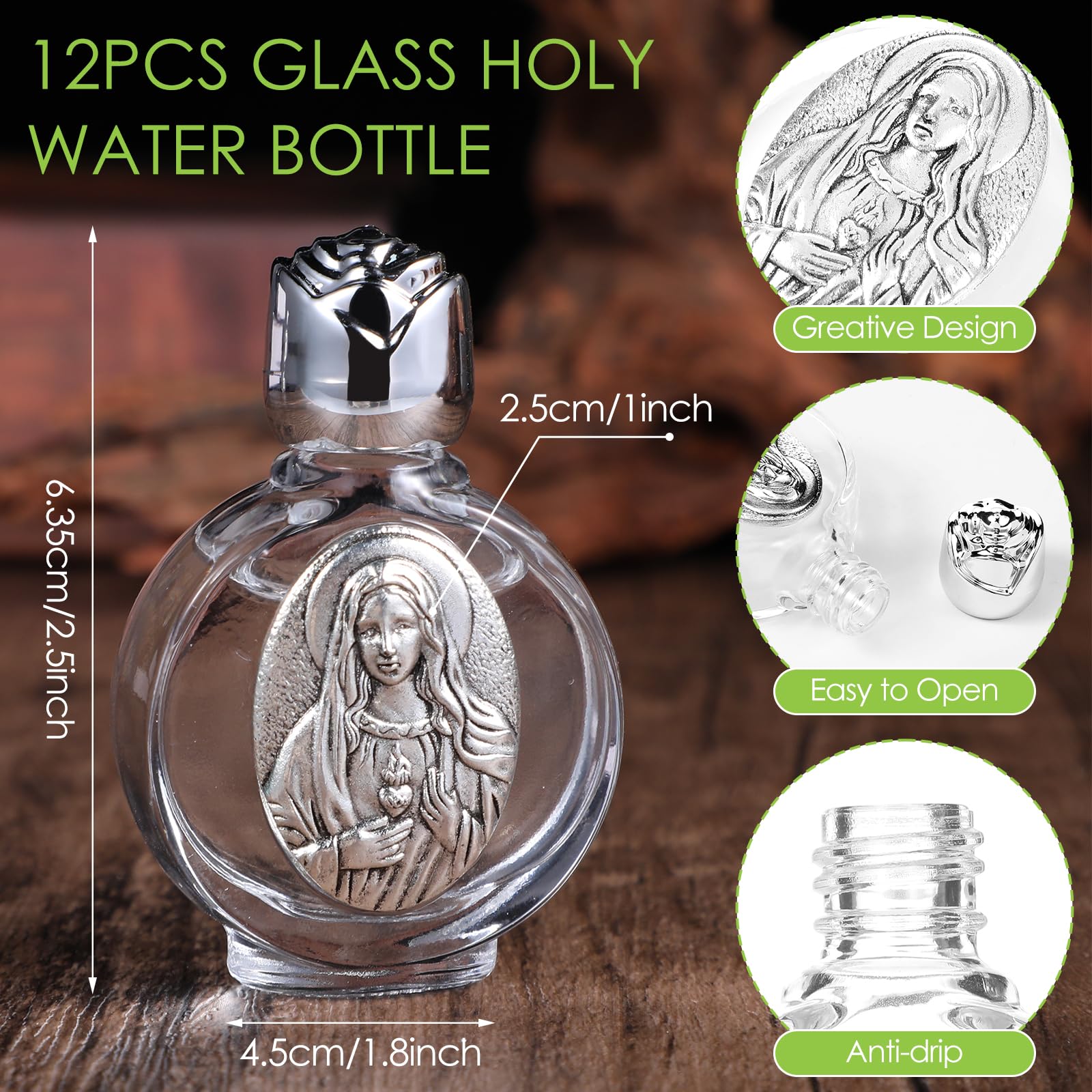 MAQUITA 12 Pcs Glass Holy Water Bottles 0.5 Fl Oz Embossed Glass Travel Empty Bottles Girls Little Bottle Church Decorations for Home Wedding, Portable Party Favors (Silver,Immaculate Heart of Mary)