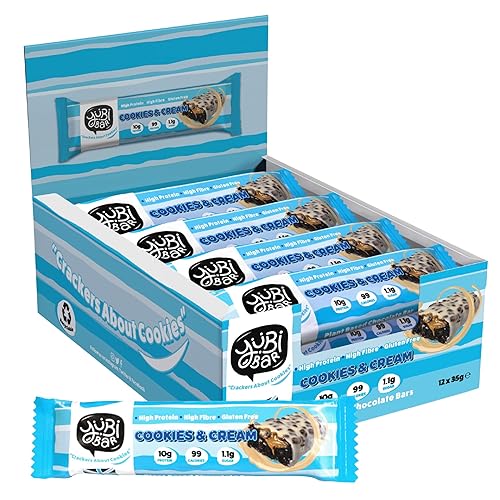 Yubi Cookies & Cream - 12 Pack - Protein Bars - 99 Calories, High Protein, High Fibre, Low Sugar, Gluten Free and Dairy Free - Healthy Snacks/Nutrition Bar - Chocolate Bars - 420g - Cookies & Cream