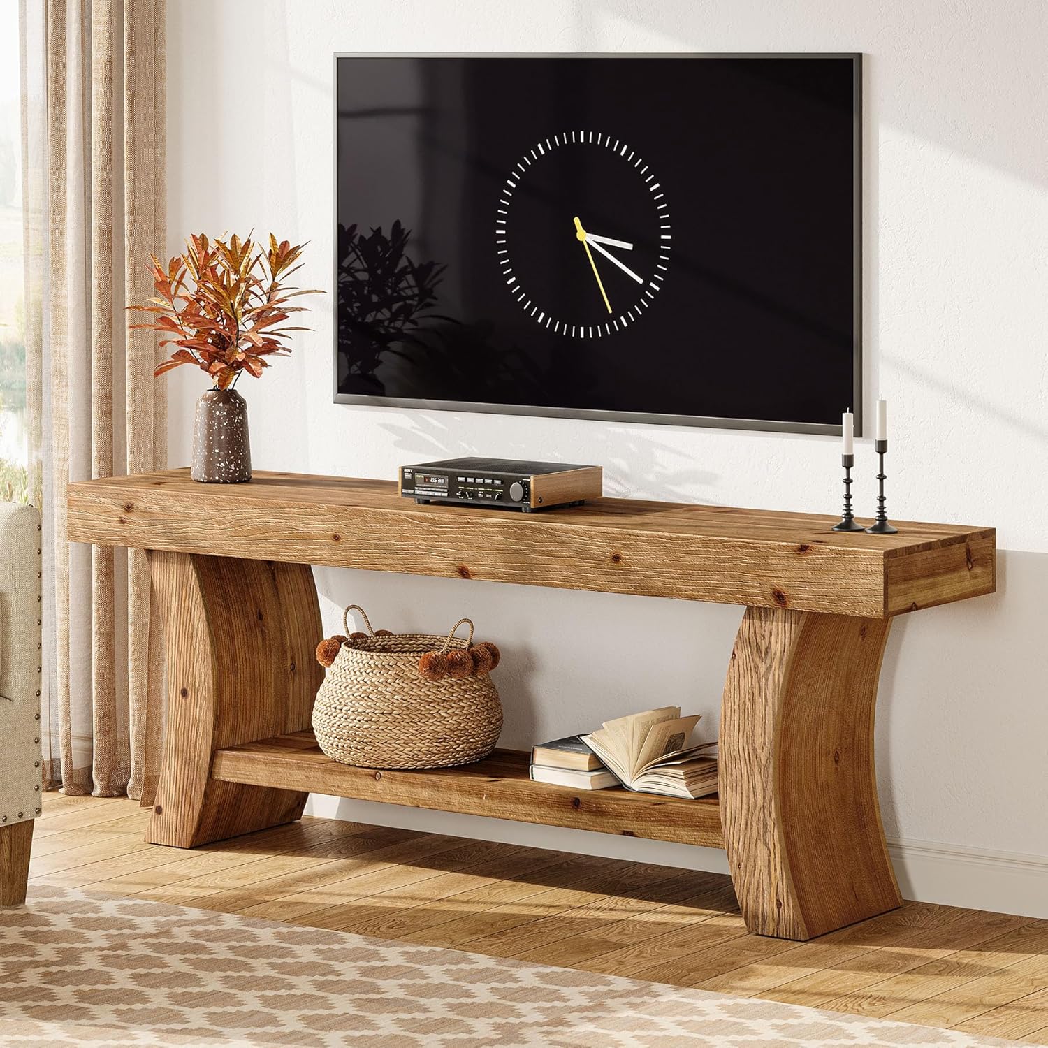 63" Solid Wood TV Stand for 55/60/65/75" TVs, Farmhouse TV Console, Low Entertainment Center with Storage for Living Room, Bedroom