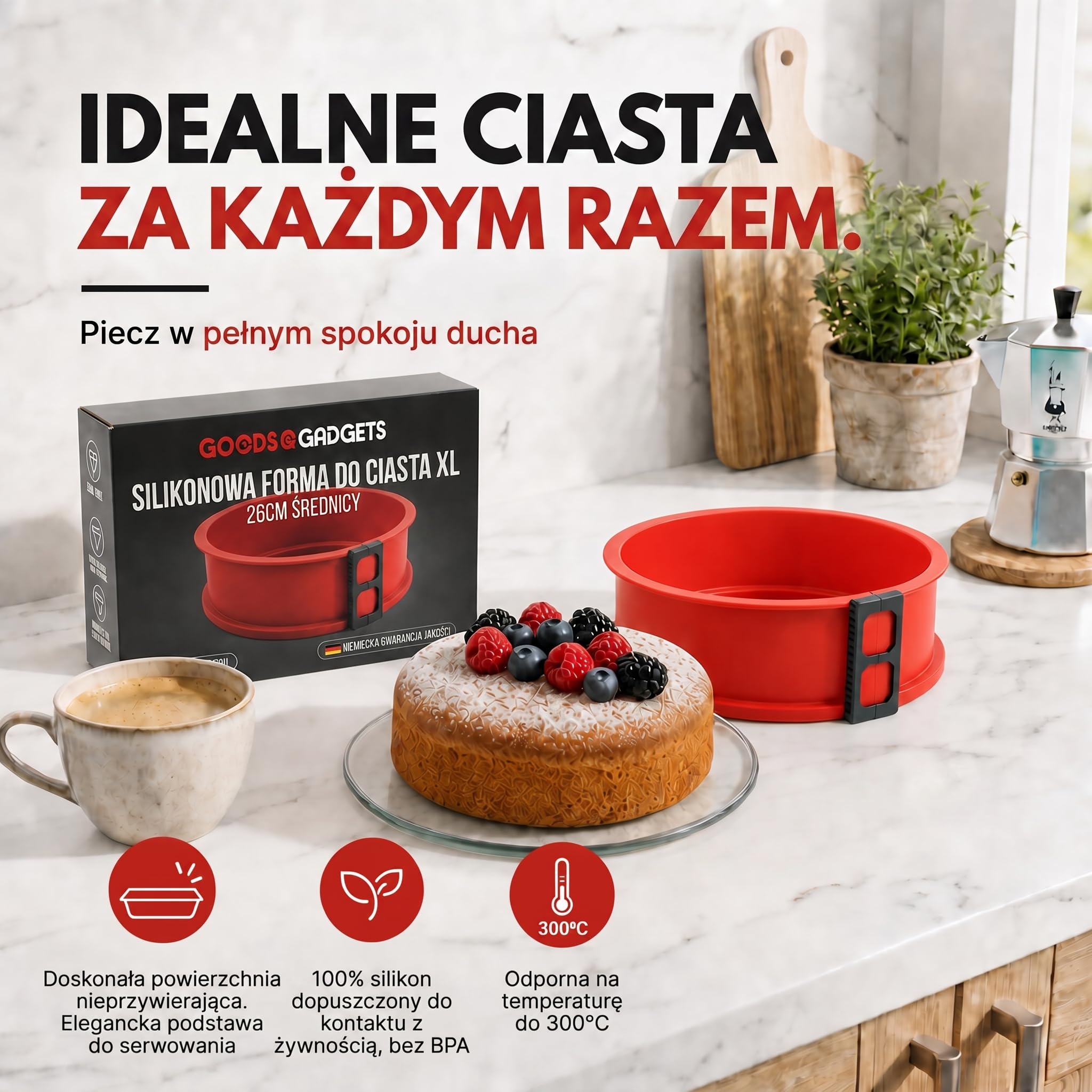 Silikonowa tortownica, nieprzywierająca forma do pieczenia ciast, Foremka silikonowa ze szklanym dnem (Czerwony)