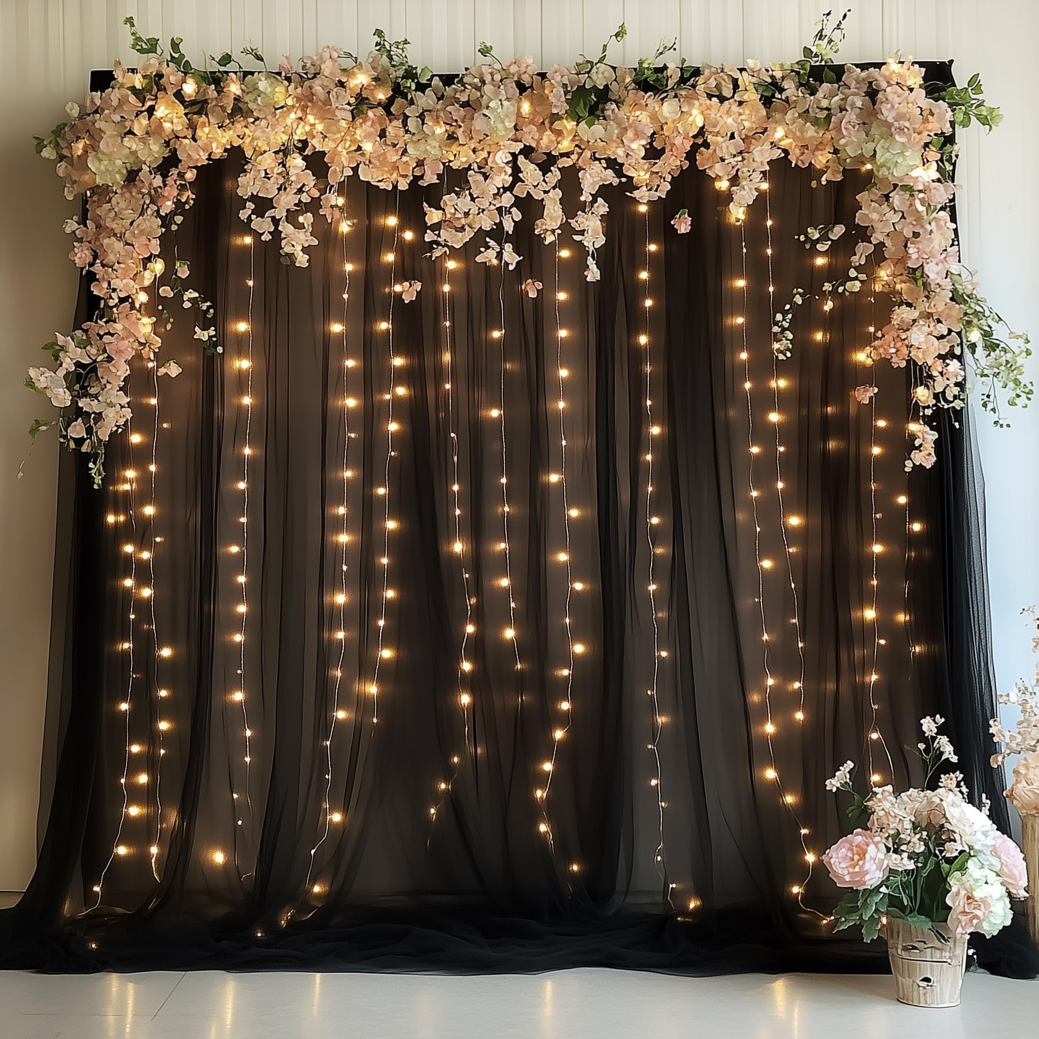 Fomcet Tulle Backdrop Curtains with Lights Black 10x10ft Sheer Curtain | Tulle Curtains Sheer Backdrop Curtains for Parties, Wedding, Birthday, Baby