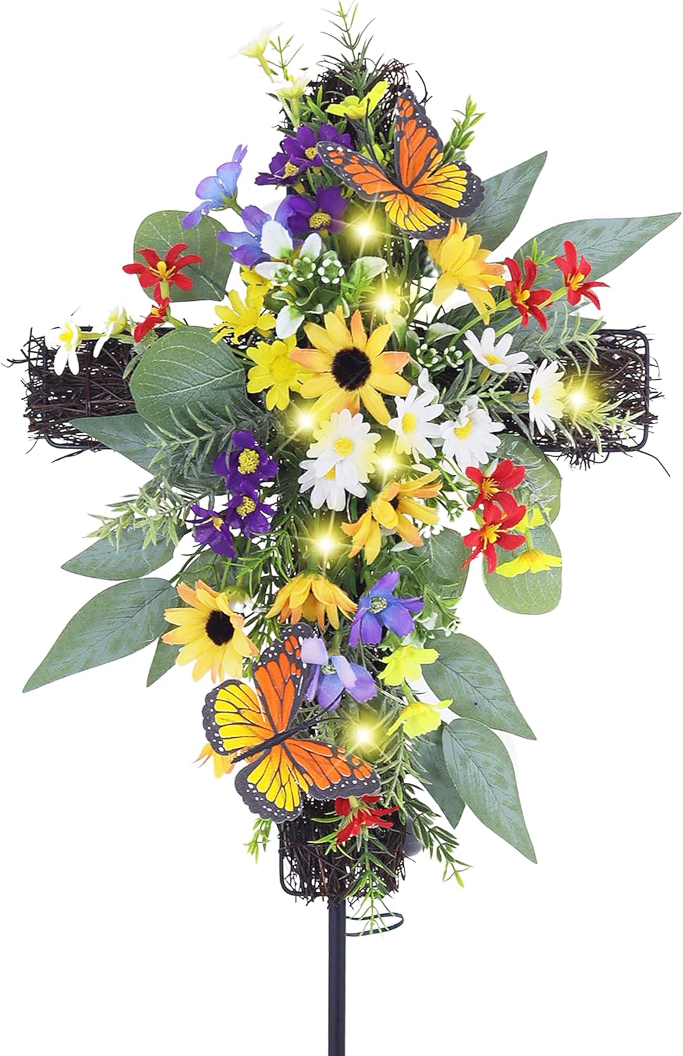 Solar Flower Cross Garden Stake Lights - Waterproof Grave Decorations for Cemetery, Memorial Cross with LED Lights, Sympathy Gift for Grandma, Outdoor Garden, Yard, Lawn Decor