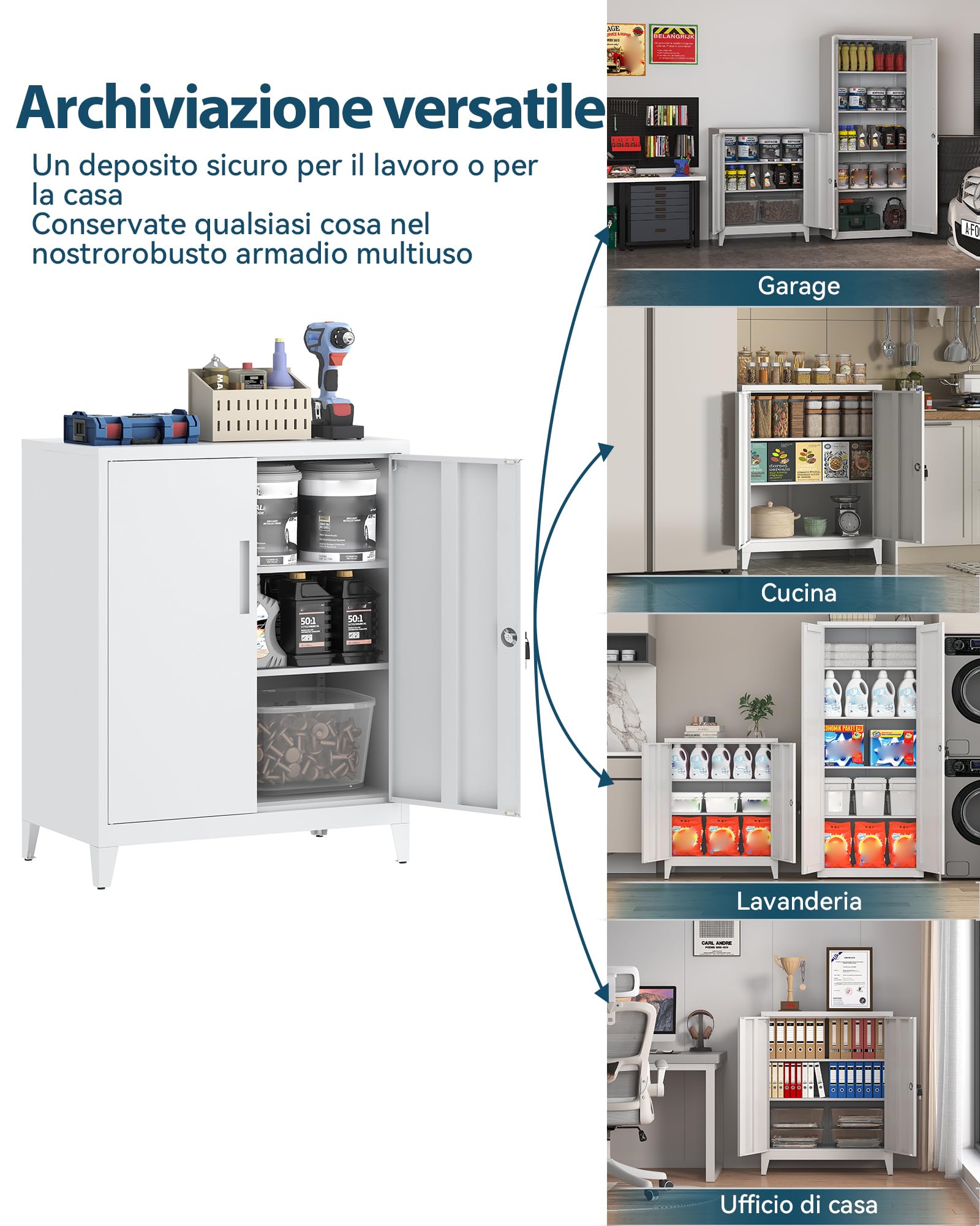 Armadietto in Metallo, Armadietto per Garage con Chiusura a Chiave, con 2 Ripiani per Ufficio con Ripiani Regolabili, per Ufficio, Garage e Ripostiglio, 40 x 80 x 100 cm, Bianco