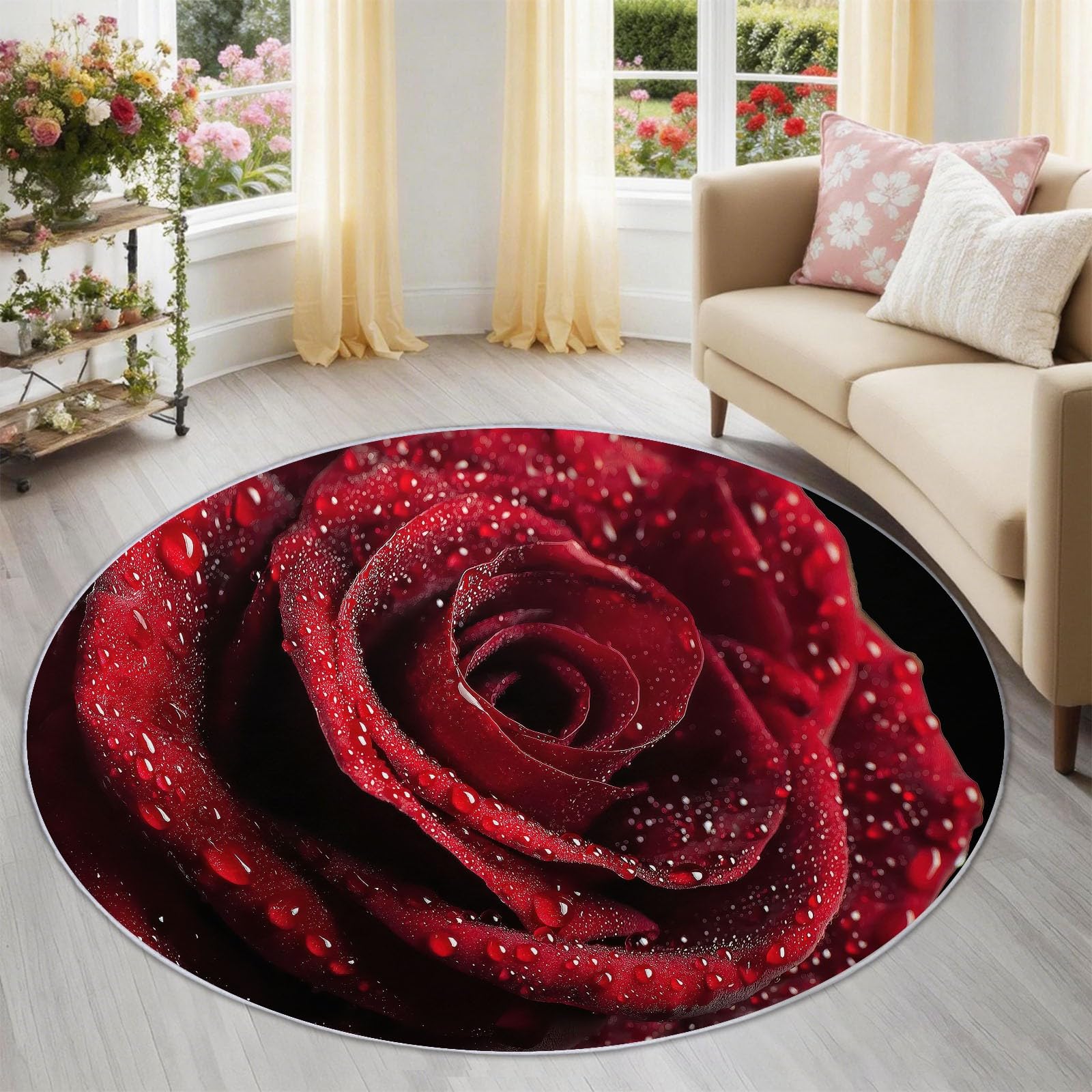 Okrągły dywan 120 cm realistyczny botaniczny czerwony czarny różowy krople wody płatki okrągły dywan, miękki, antypoślizgowy, zmywalny - nadaje się do sypialni, przedpokoju, pokoju rodzinnego sypialni