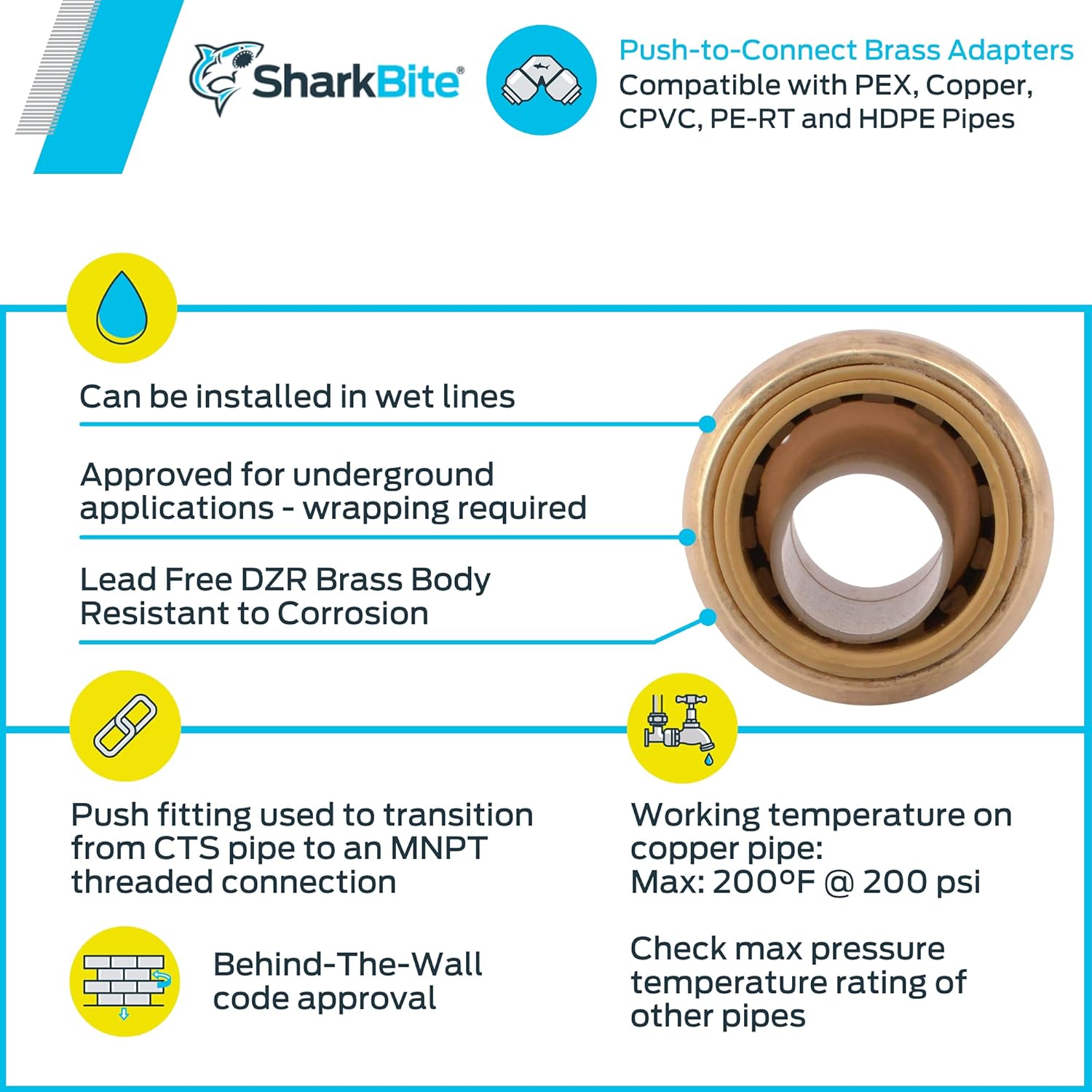 SharkBite 1/2 Inch MNPT Adapter, Push to Connect Brass Plumbing Fitting, PEX Pipe, Copper, CPVC, PE-RT, HDPE, U120LFA - Pipe Fittings - 