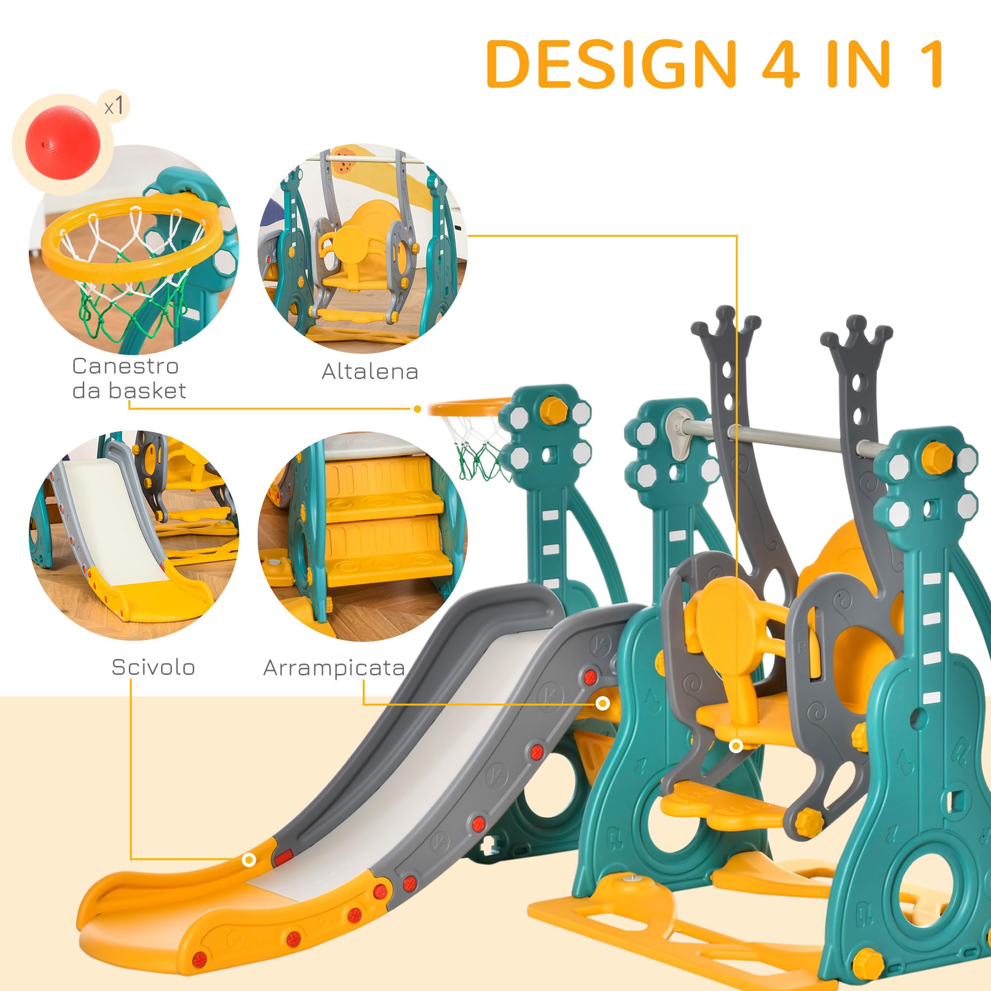 HOMCOM Scivolo 3 in 1 per Bambini con Altalena Regolabile, Canestro e Palle per Cameretta e Giardino, 152x149x107cm, Blu, Grigio, Giallo