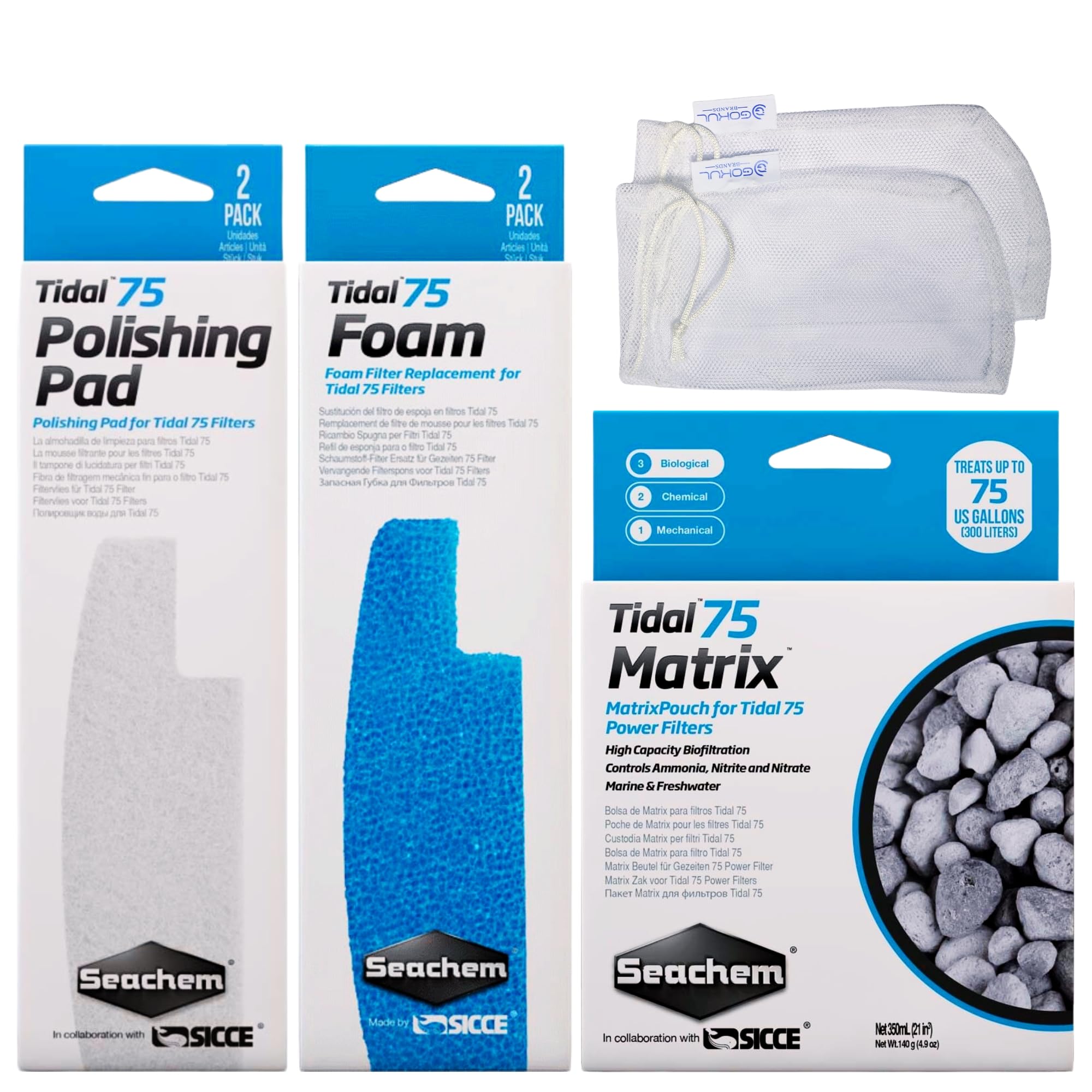 Tidal 75 Filter Maintenance and Replacement Filter Media Kit, Including Gokul Brands Aquarium Filter Media Bags (Tidal 75 Polishing Pads, Foam Filter Sponge, Matrix Bio Media)