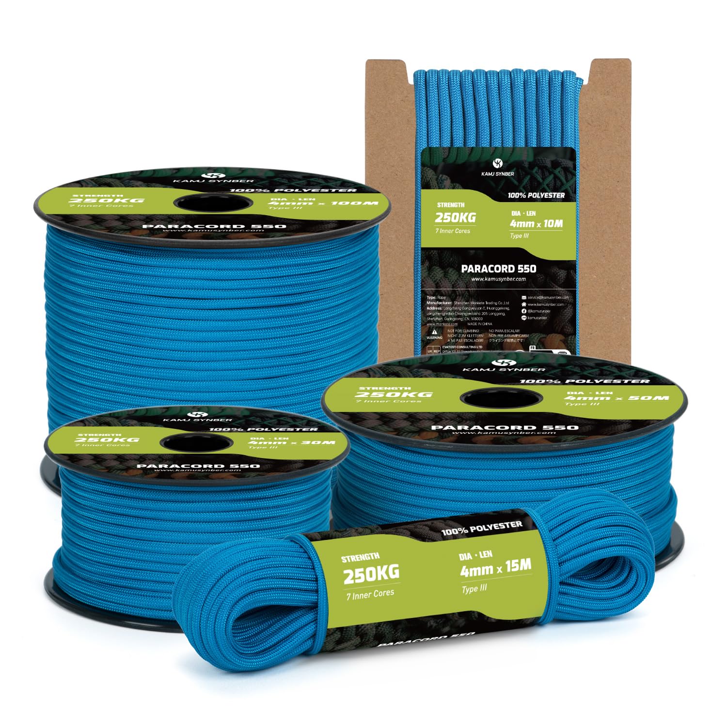 Kamu Synber Paracord 550 Type III 4mm 15m 7 Strands 100% Polyester Rope Parachute Cord Ideal for Crafting, Outdoor, Survival | Support 250kg | Blue