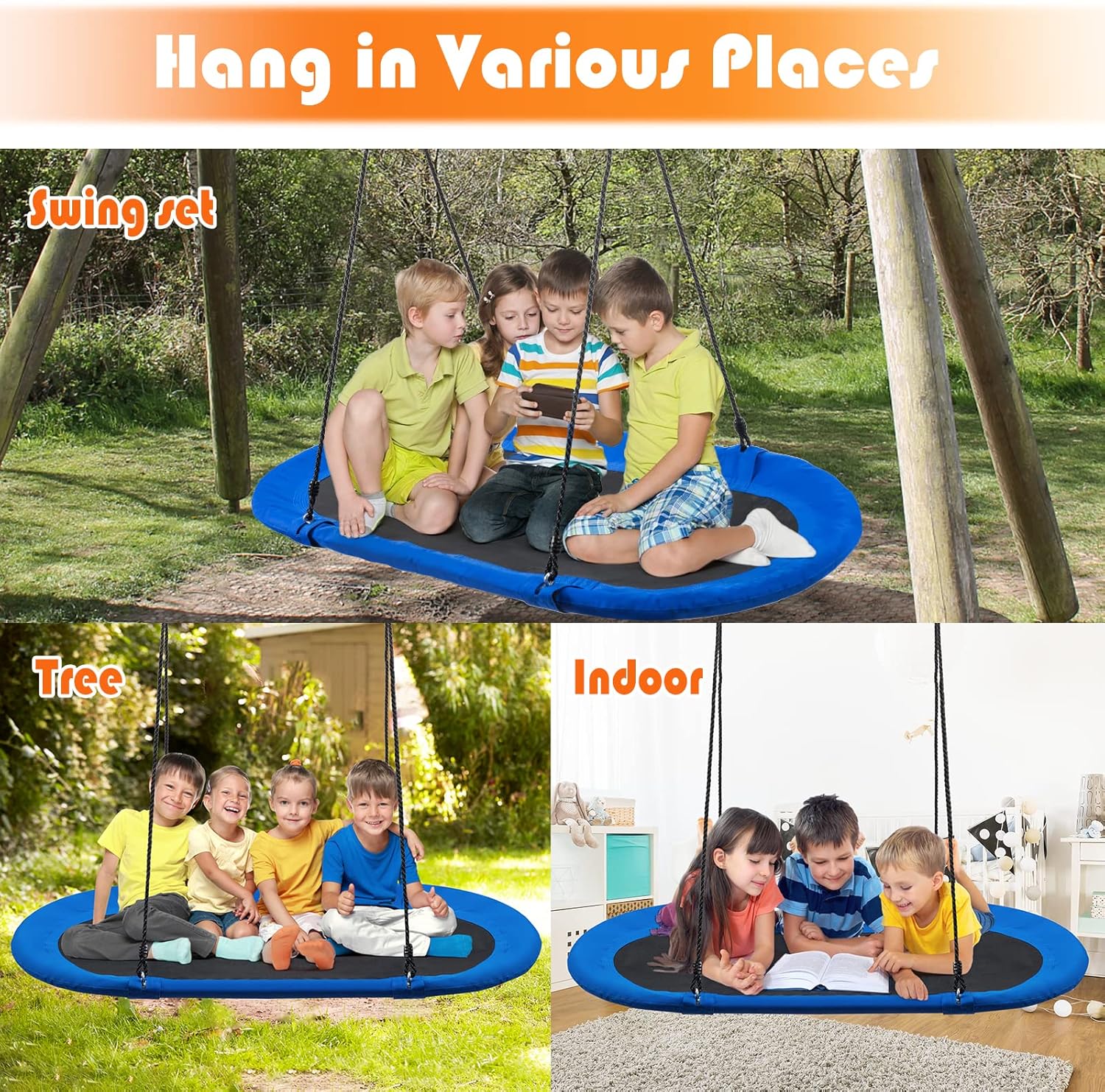 ARLIME 60” Flying Saucer Tree Swing, Oval Outdoor Flying Swing with Hanging Straps, Hooks, 700lbs Weight Capacity, Waterproof Platform Swing for Playground, Backyard, Playroom (Blue)