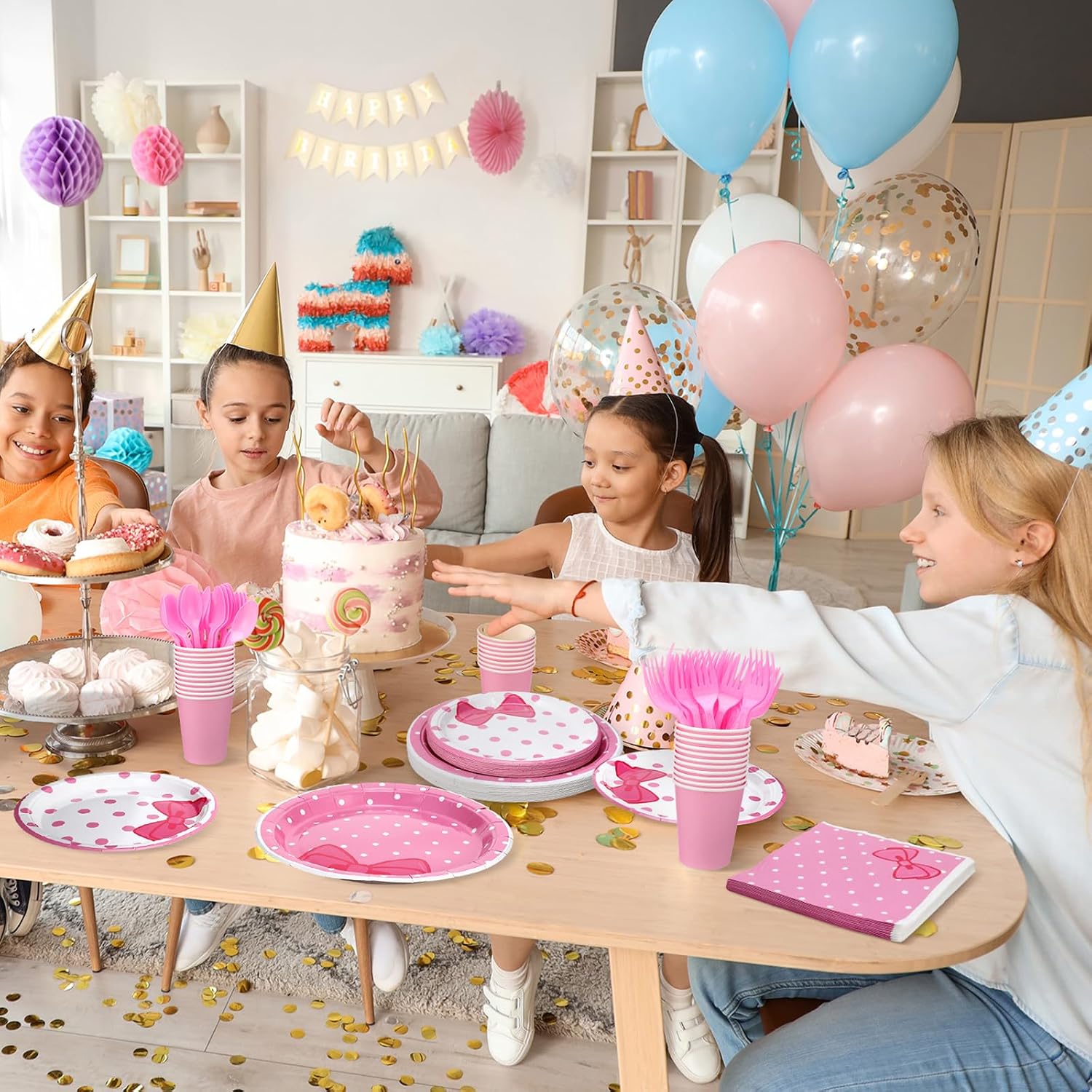 Funnymoom 175 Pcs Pink Cat Party Supplies Bow Plates and Napkins Tableware Set Cute Cat Bow Disposable Dinnerware for Birthday Baby Shower Cute Kitty Party Favors for 25 Guests